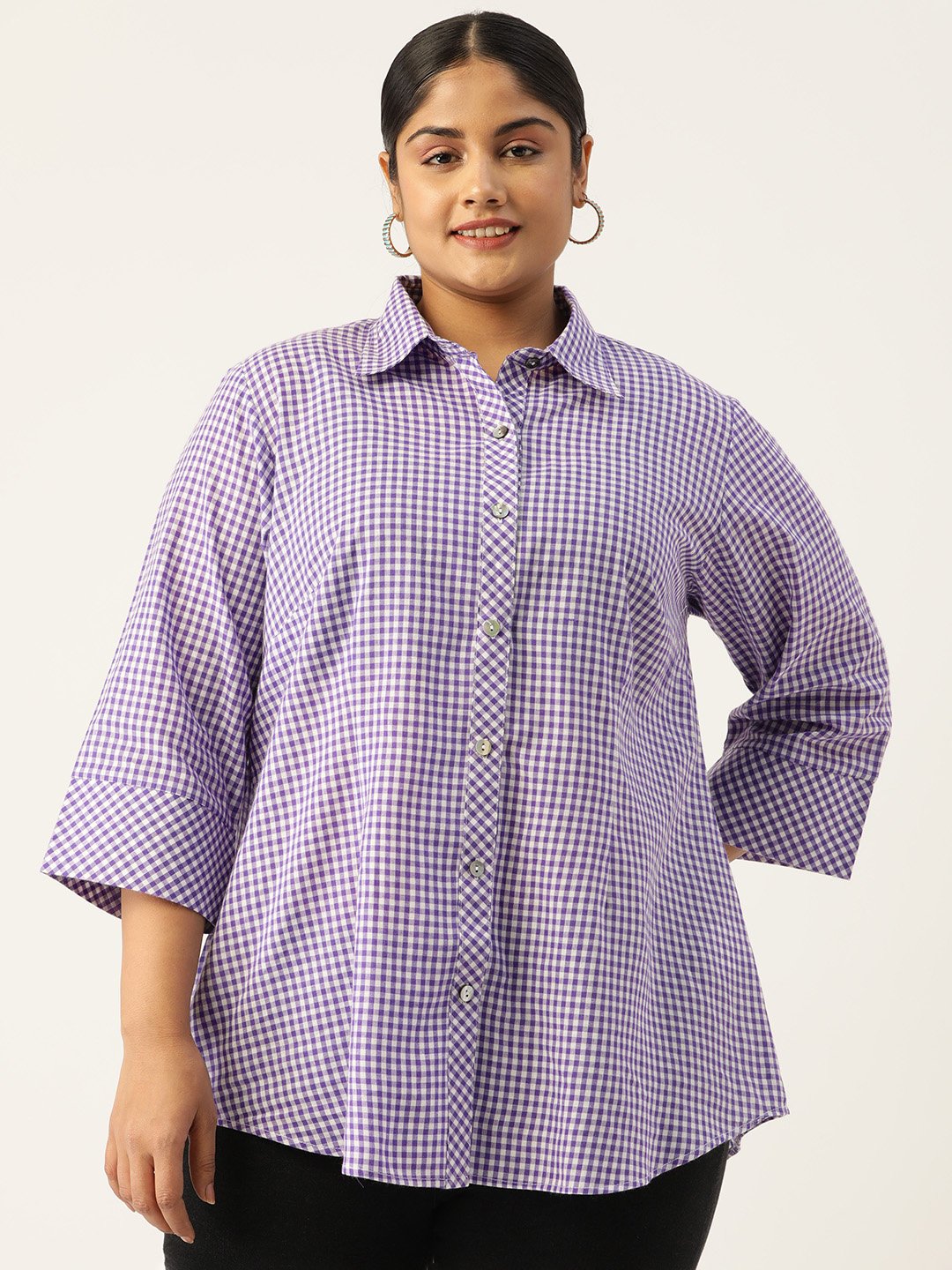 Women's Plus SizePurple Checked Printed Cotton Shirt
