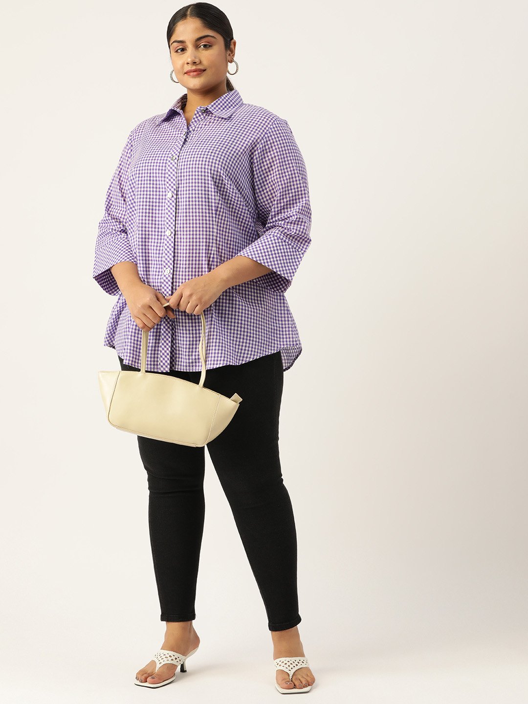 Women's Plus SizePurple Checked Printed Cotton Shirt