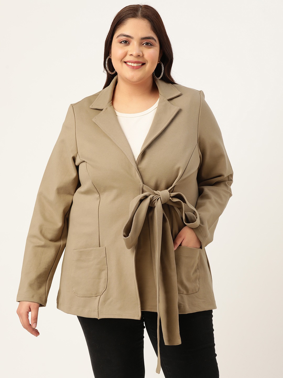 Women's Plus Size Beige Solid Color Tie-Up Shrug