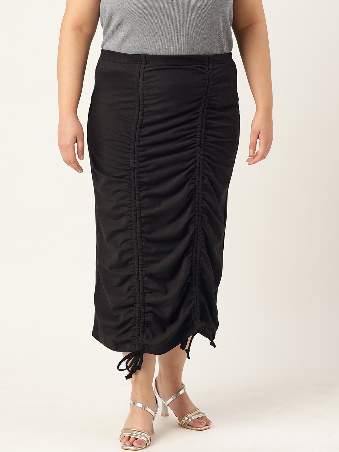 Women's Plus Size Black Solid Color Pleated Detail Midi Skirt