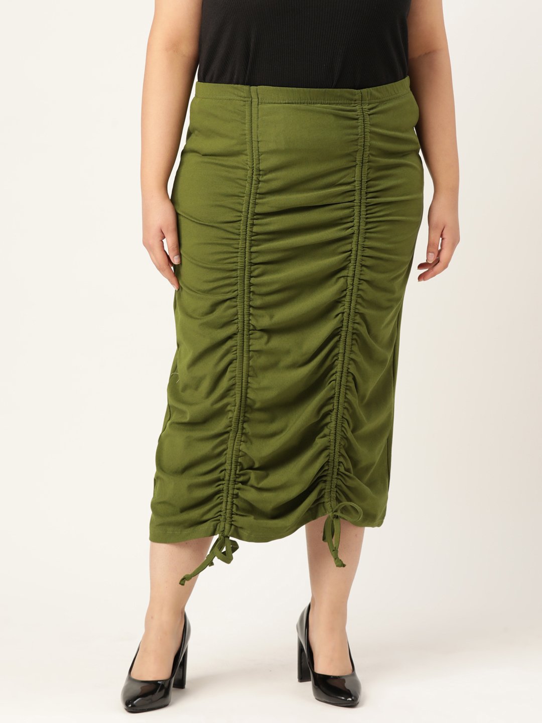 Women's Plus Size Olive Green Solid Color Pleated Detail Midi Skirt