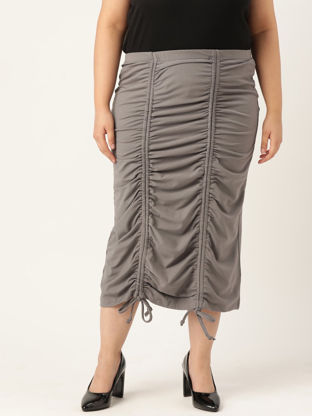 Women's Plus Size Grey Solid Color Pleated Detail Midi Skirt