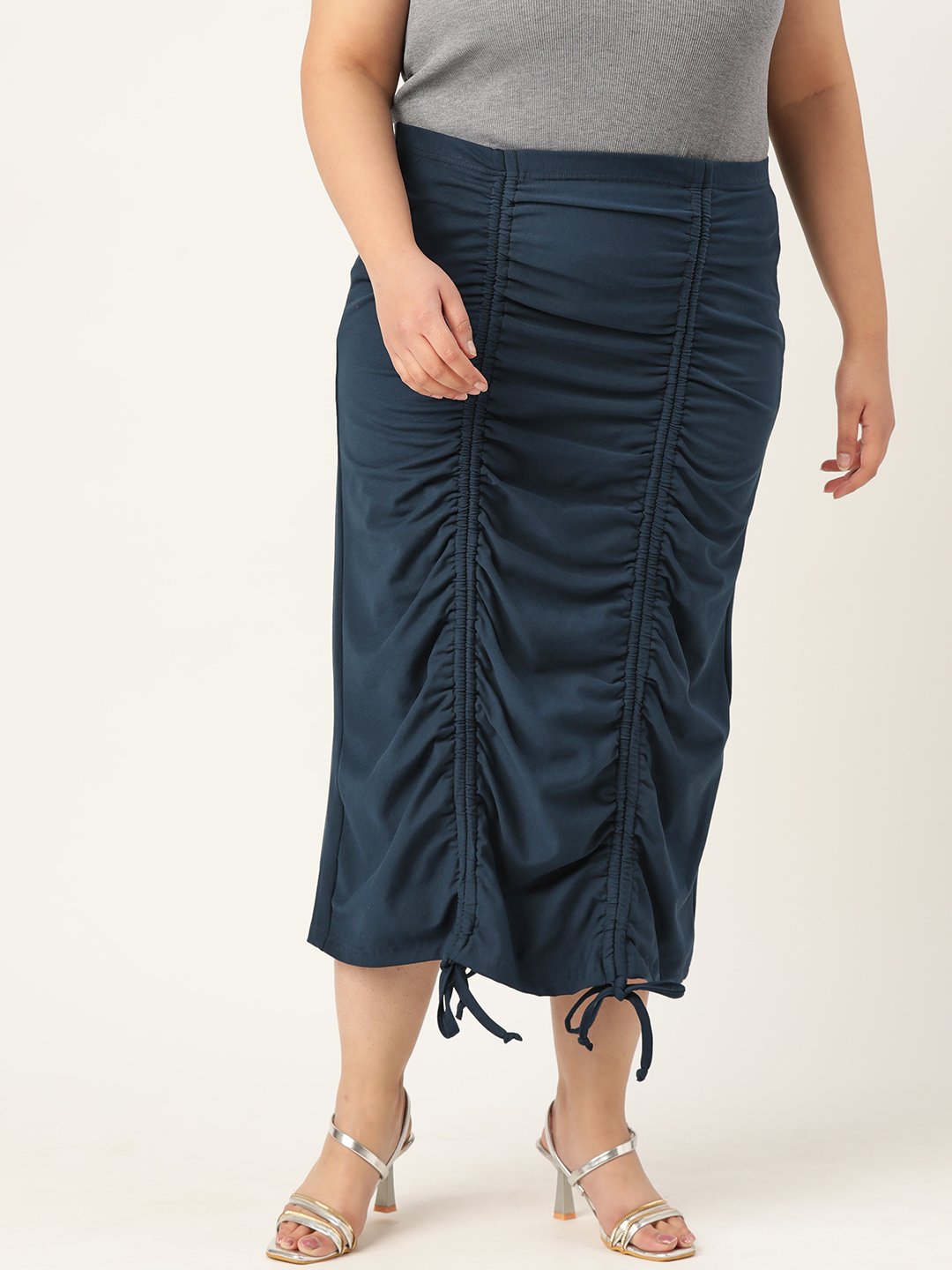 Women's Plus Size InkBlue Solid Color Pleated Detail Midi Skirt