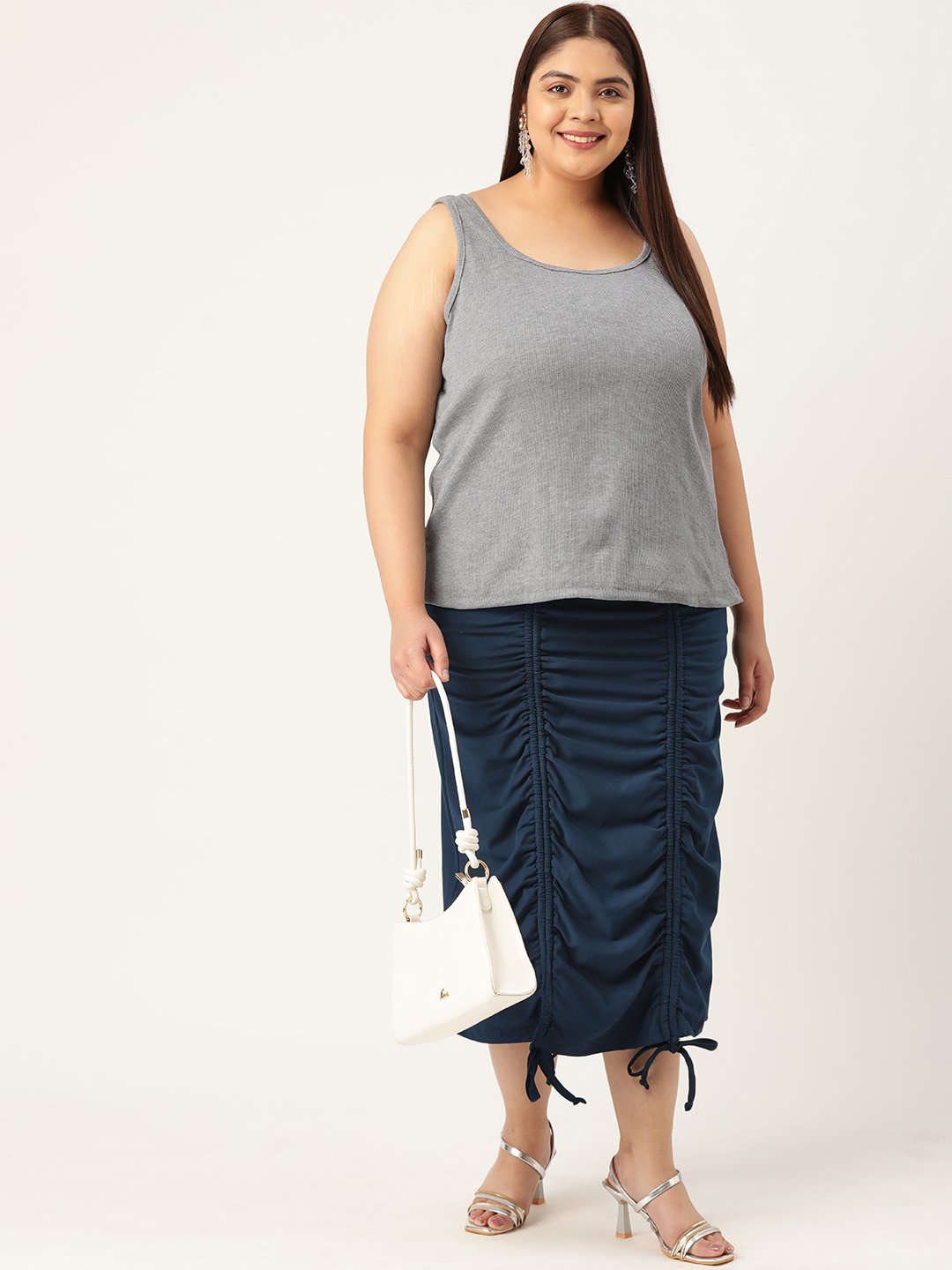 Women's Plus Size InkBlue Solid Color Pleated Detail Midi Skirt