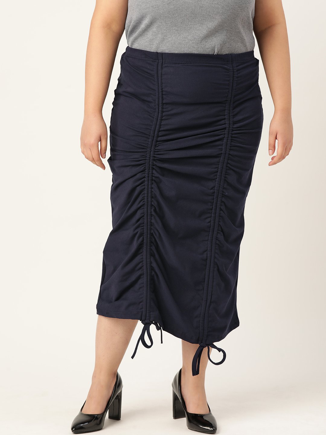 Women's Plus Size Navy Blue Solid Color Pleated Detail Midi Skirt