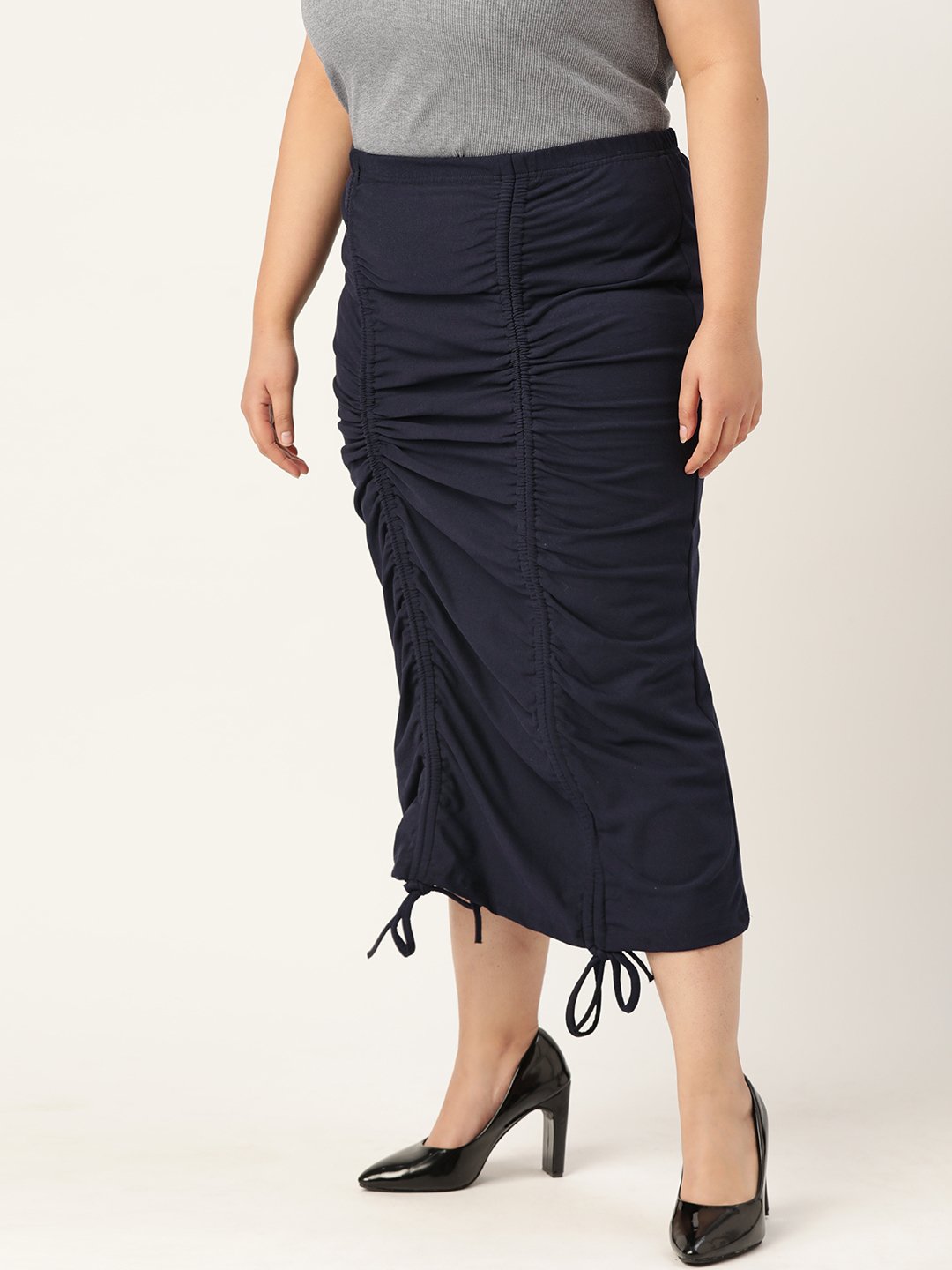 Women's Plus Size Navy Blue Solid Color Pleated Detail Midi Skirt