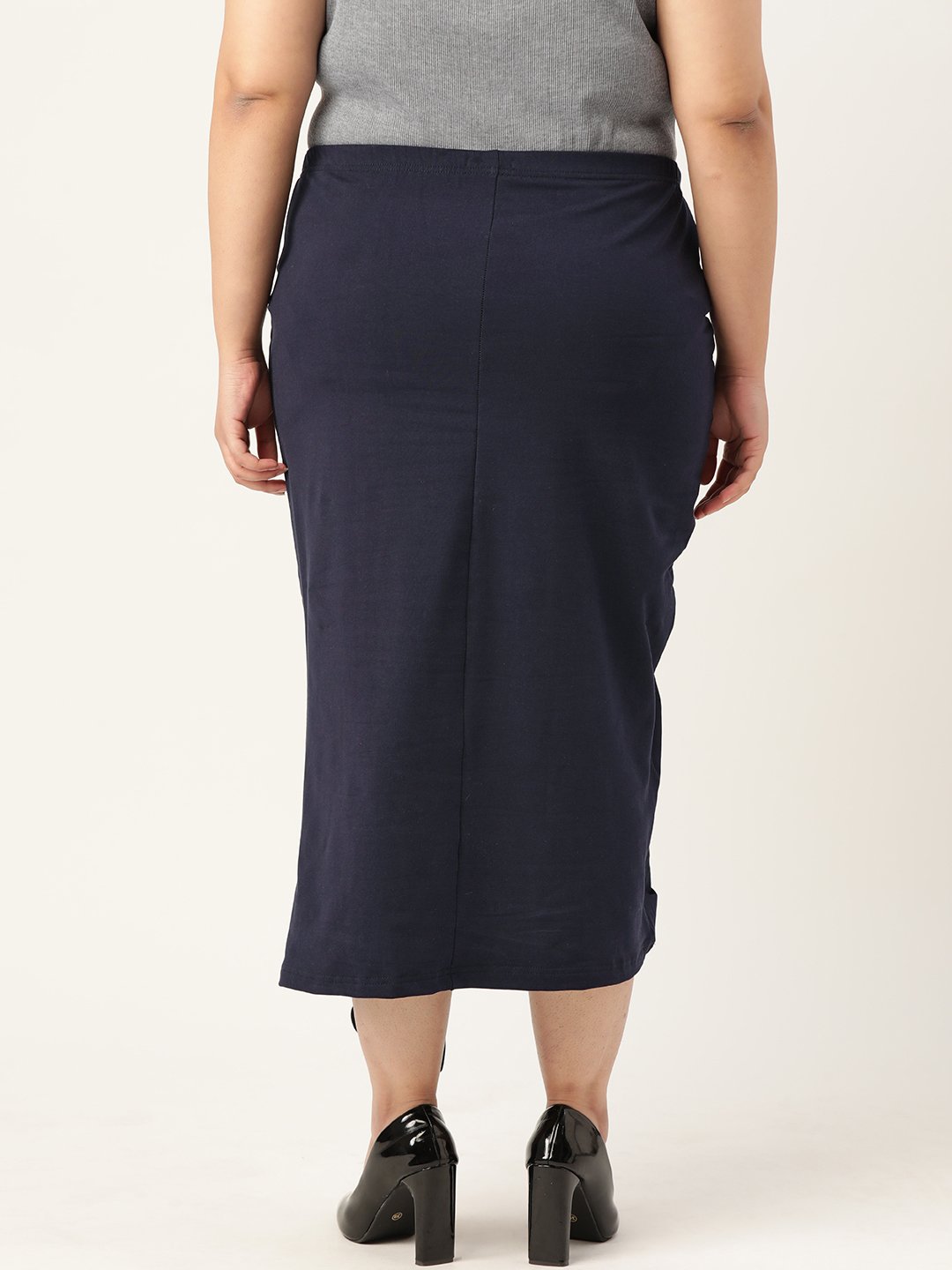 Women's Plus Size Navy Blue Solid Color Pleated Detail Midi Skirt