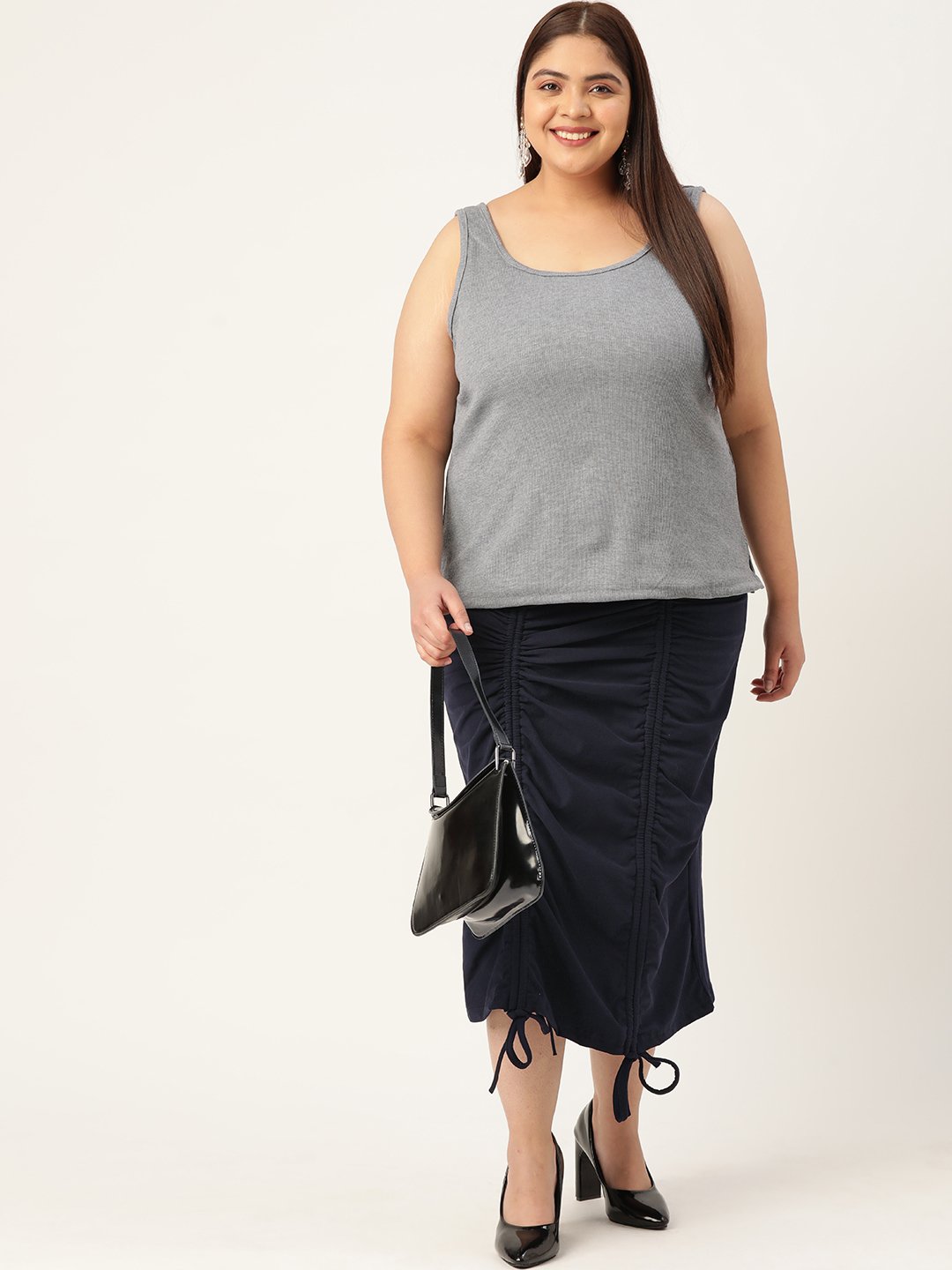 Women's Plus Size Navy Blue Solid Color Pleated Detail Midi Skirt