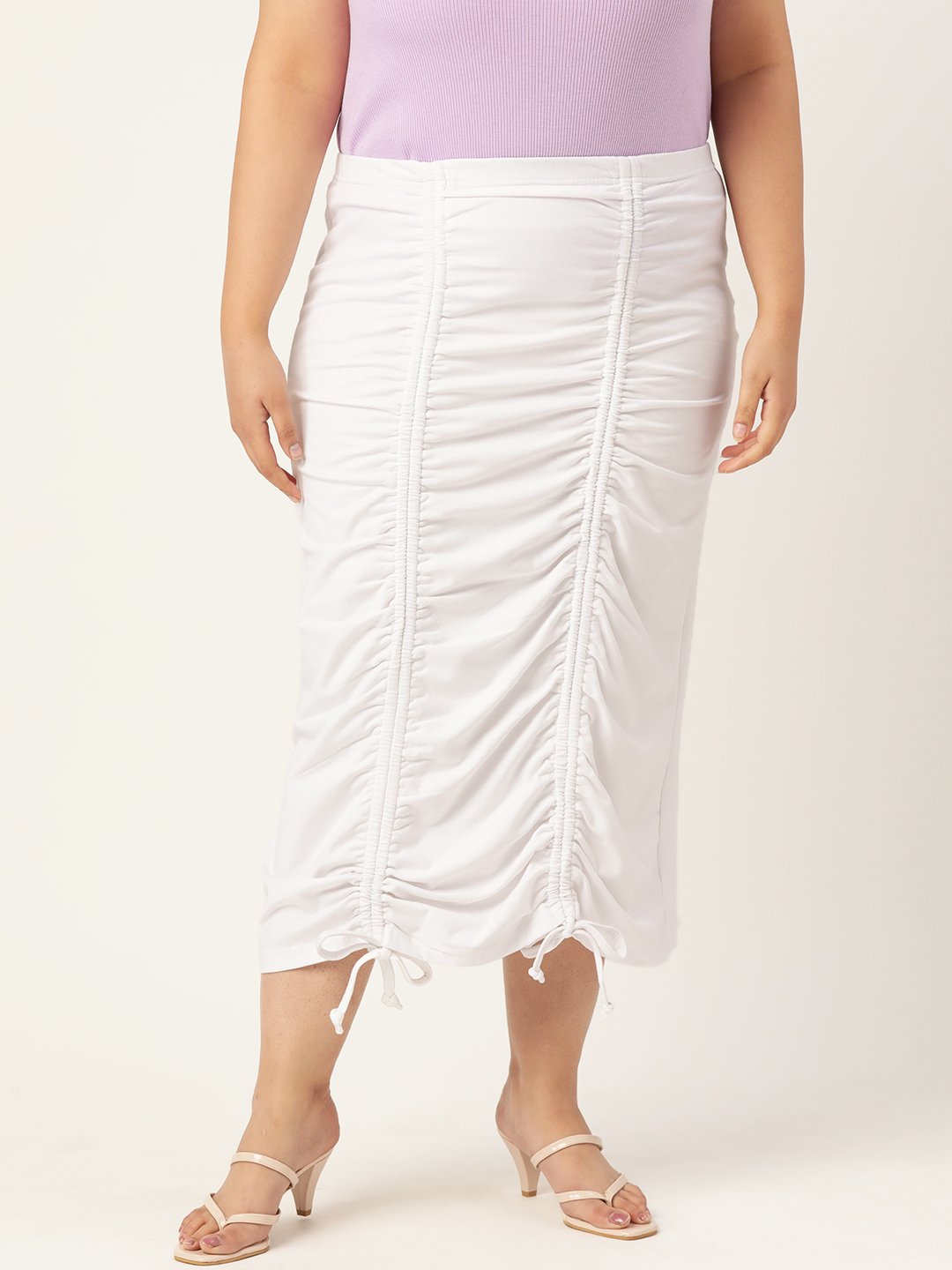 Women's Plus Size White Solid Color Pleated Detail Midi Skirt