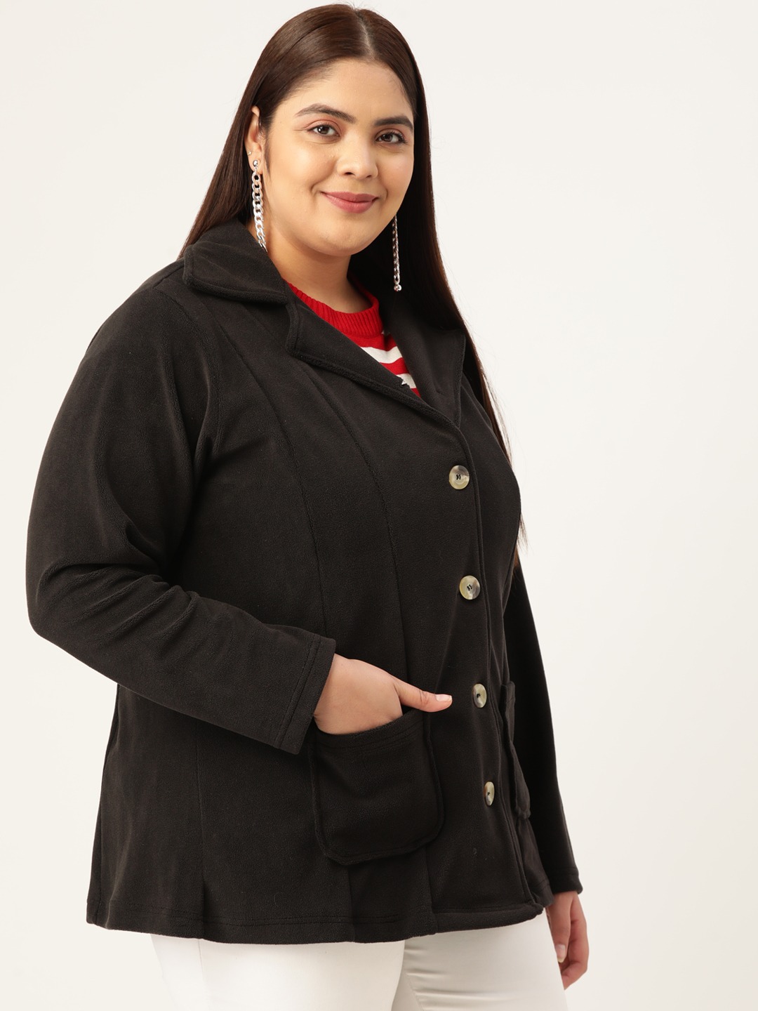 Women's Plus Size Black Solid Color Tailored Knitted Jacket