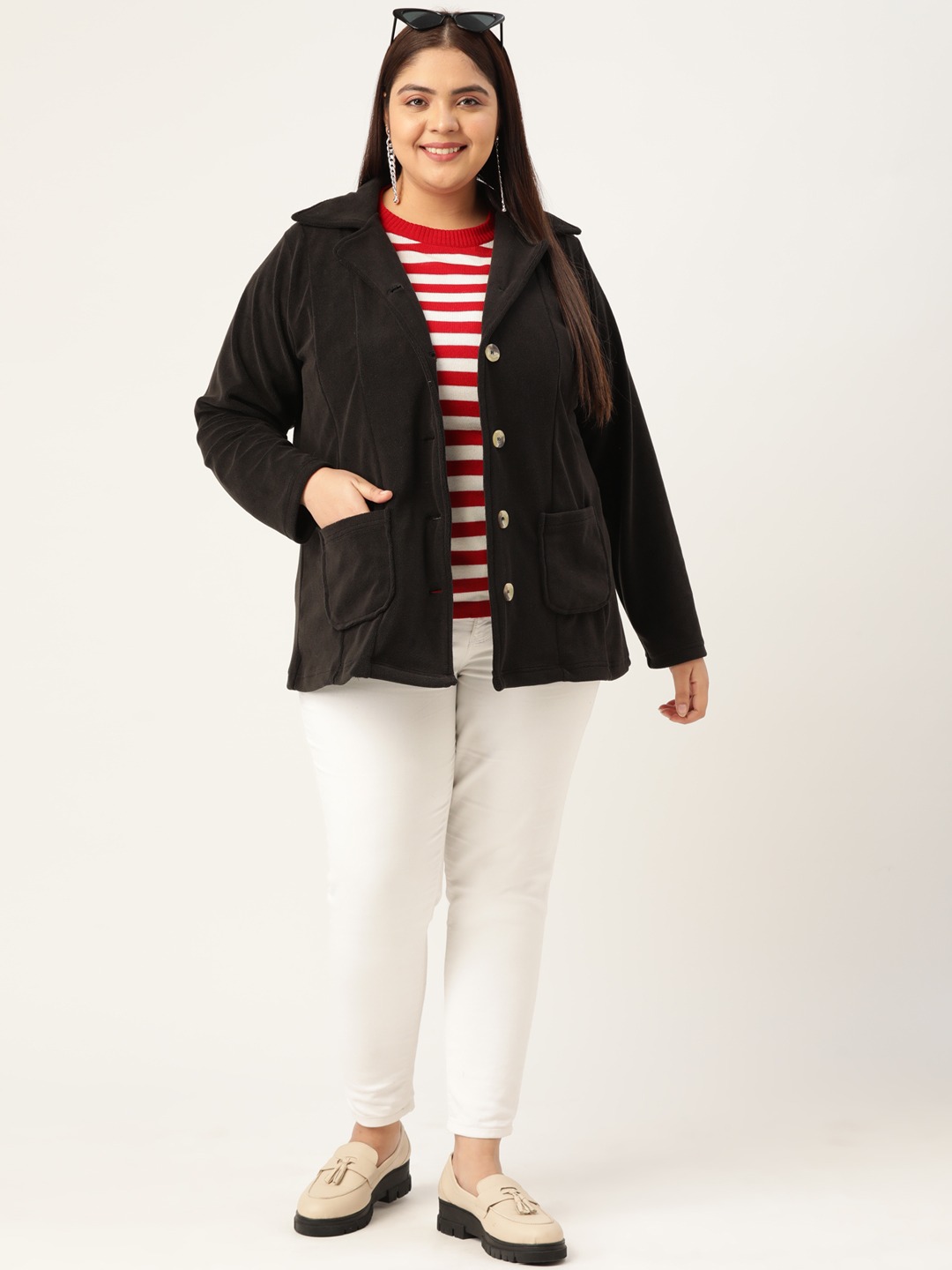 Women's Plus Size Black Solid Color Tailored Knitted Jacket