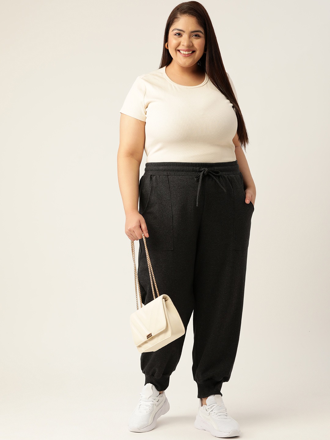 Women's Plus Size Charcoal Solid Color Tapered Winter Jogger