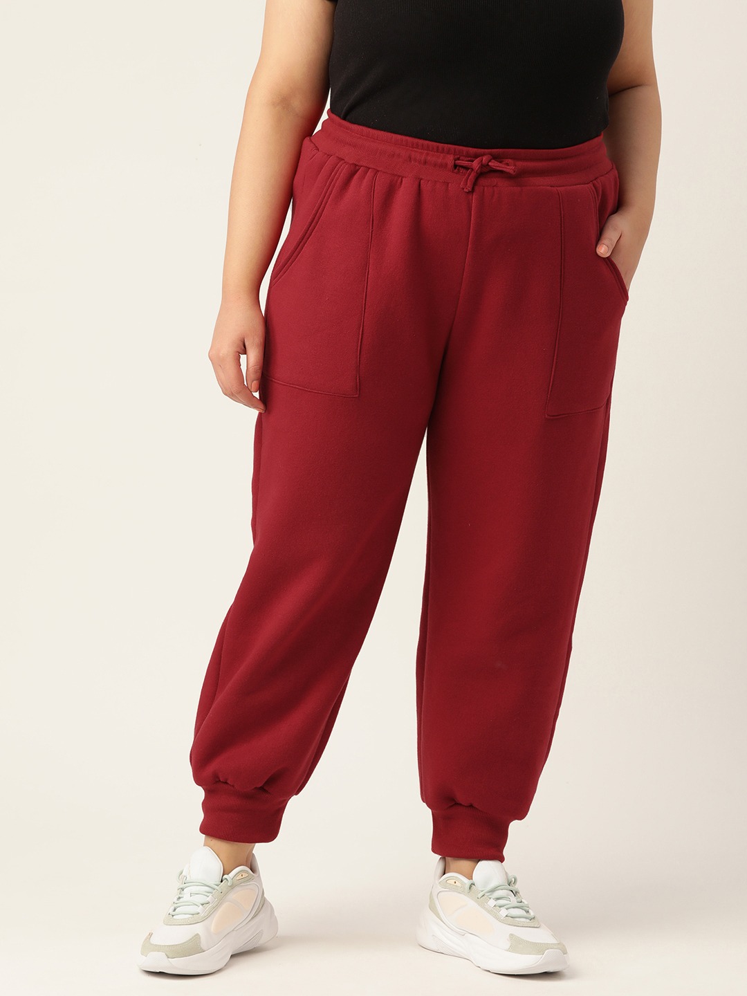 Women's Plus Size Maroon Solid Color Tapered Winter Jogger