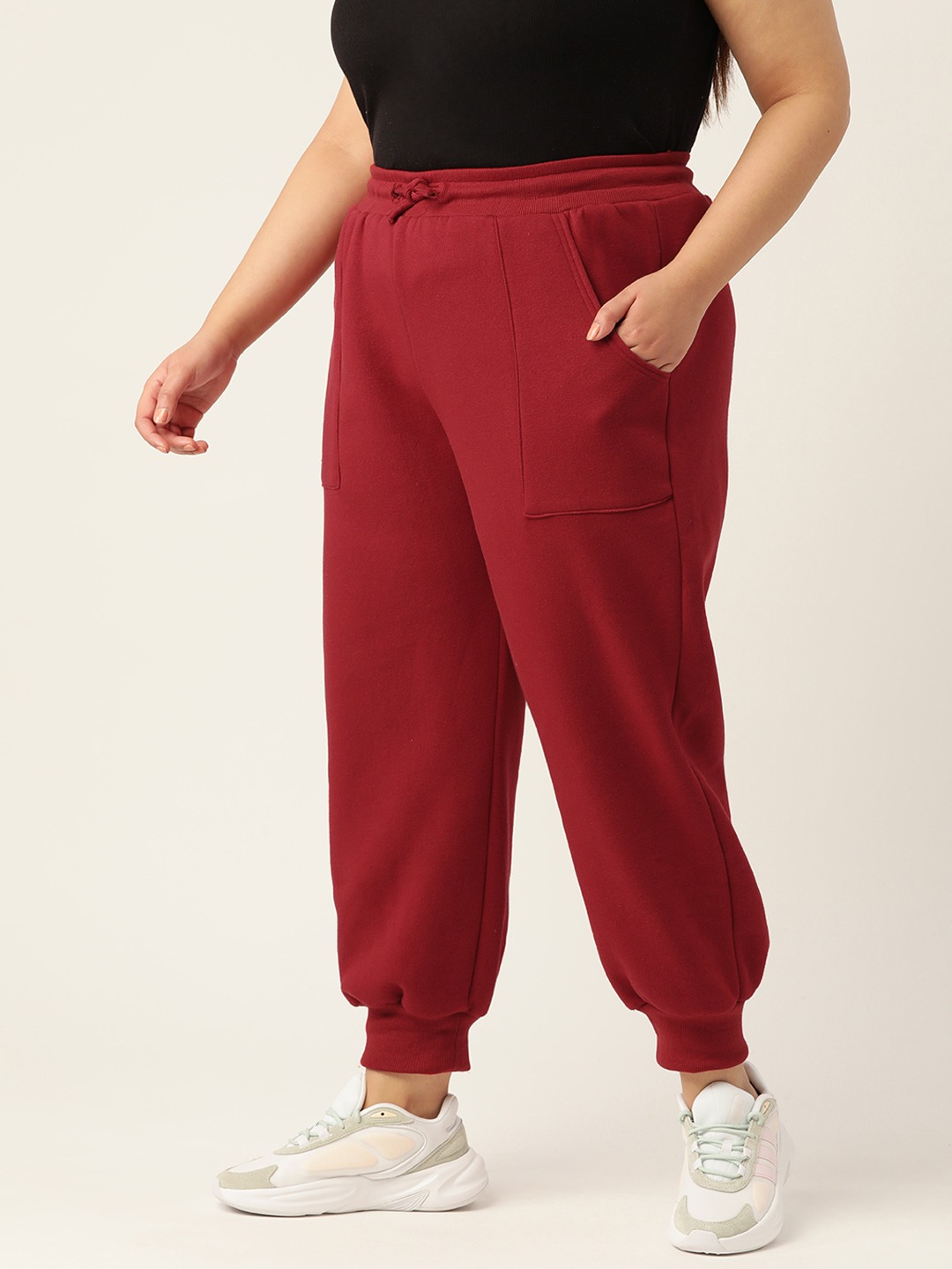 Women's Plus Size Maroon Solid Color Tapered Winter Jogger