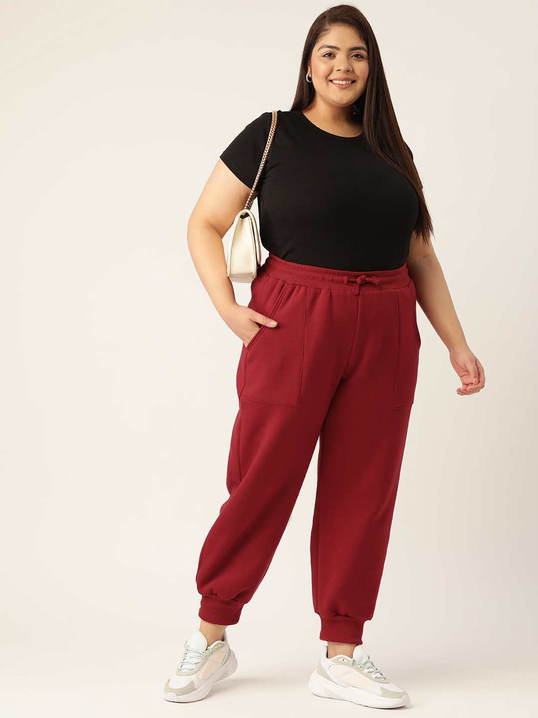 Women's Plus Size Maroon Solid Color Tapered Winter Jogger