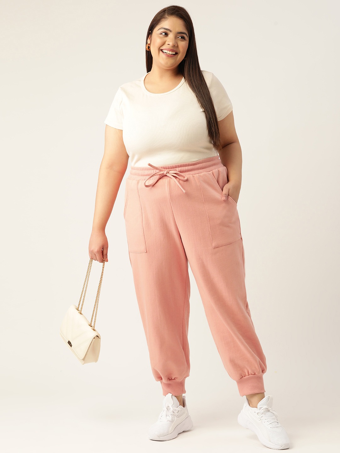 Women's Plus Size Pink Solid Color Tapered Winter Jogger
