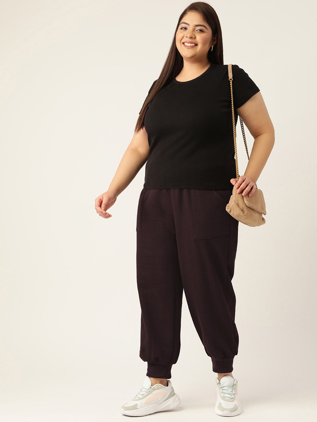Women's Plus Size Plum Solid Color Tapered Winter Jogger