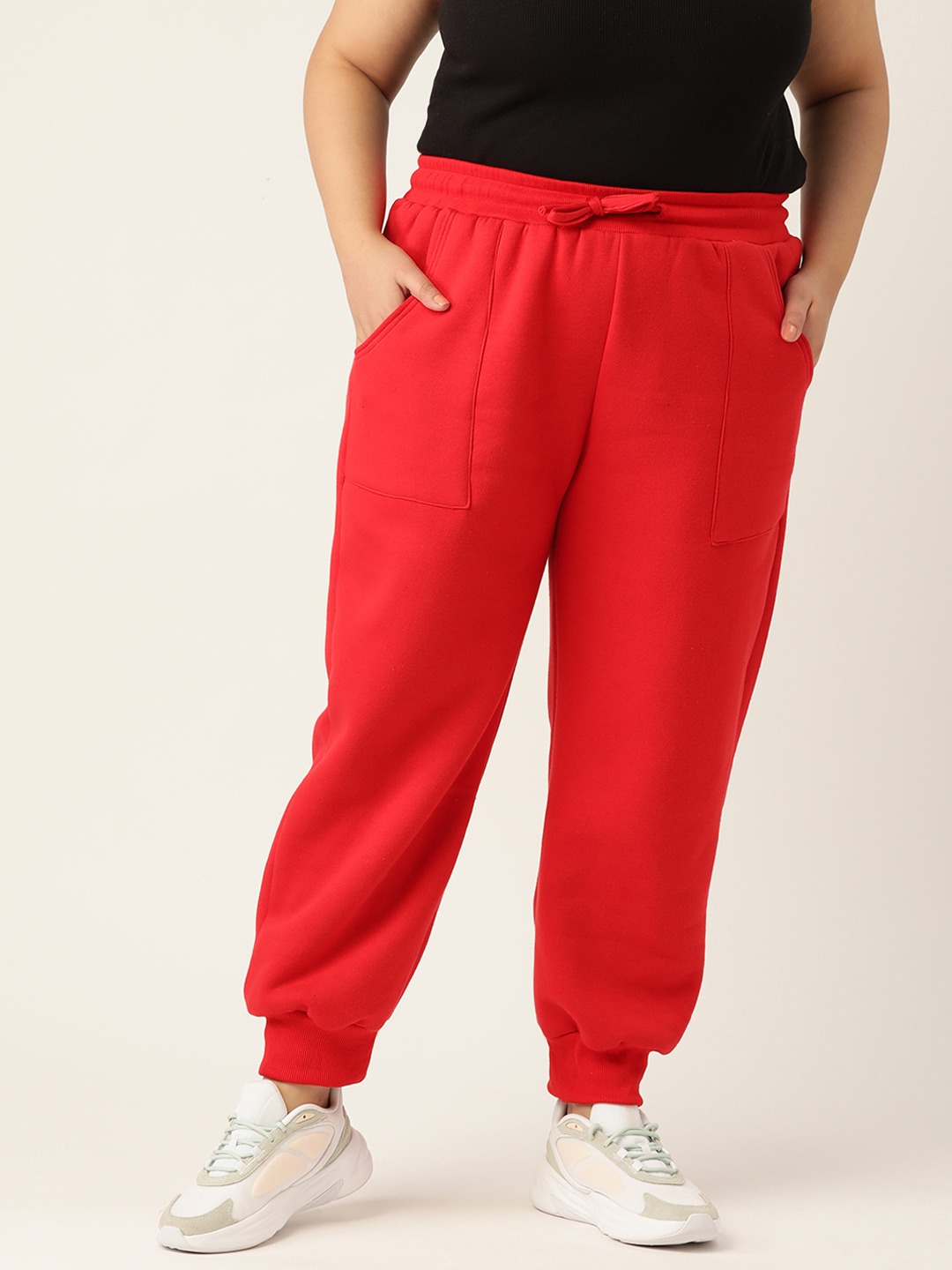 Women's Plus Size Red Solid Color Tapered Winter Jogger