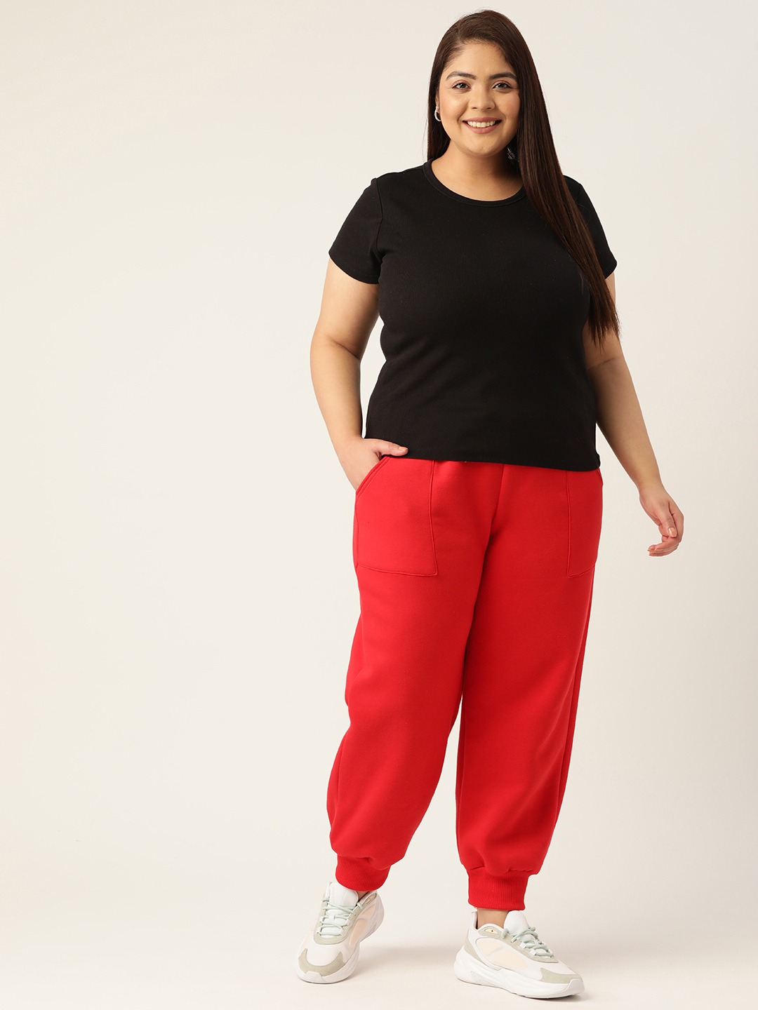 Women's Plus Size Red Solid Color Tapered Winter Jogger