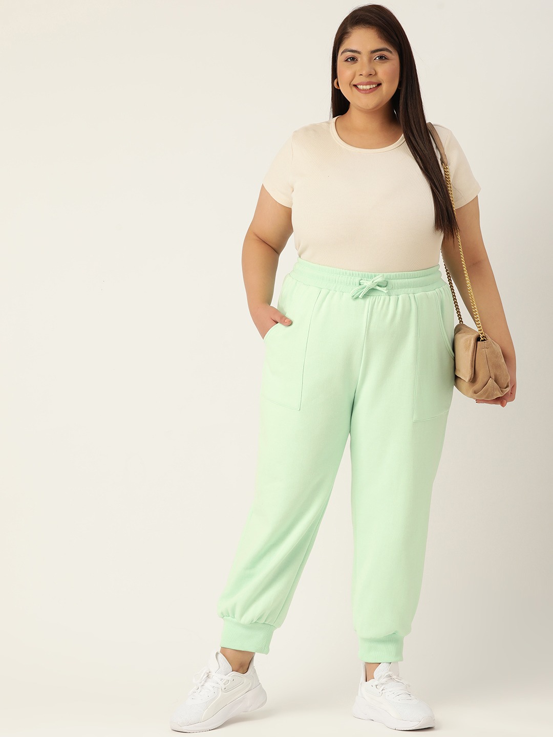 Women's Plus Size Sea Green Solid Color Tapered Winter Jogger
