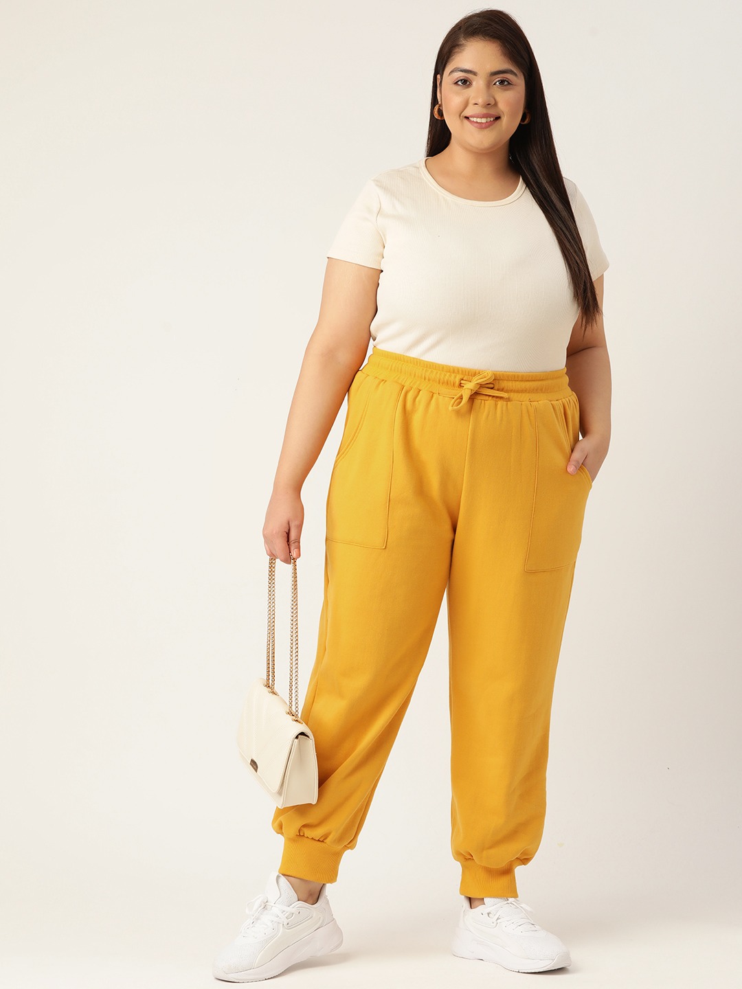 Women's Plus Size Yellow Solid Color Tapered Winter Jogger