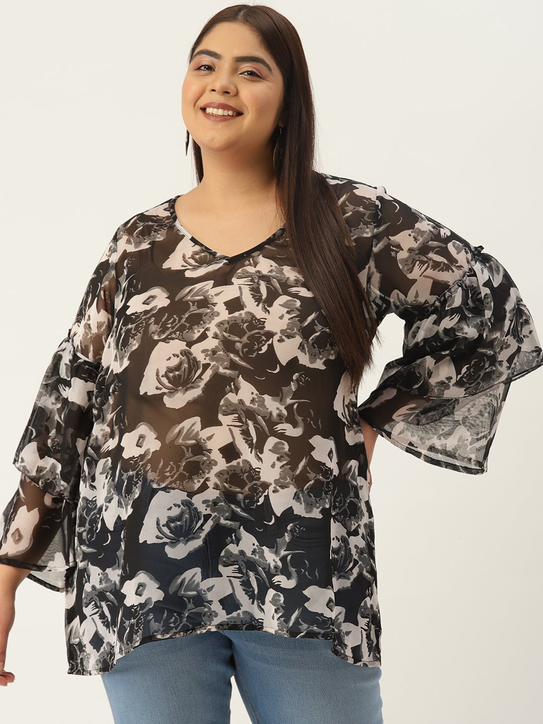 Women's Plus Size Black Rose Floral Printed Bell Sleeves Georgette Longline Top