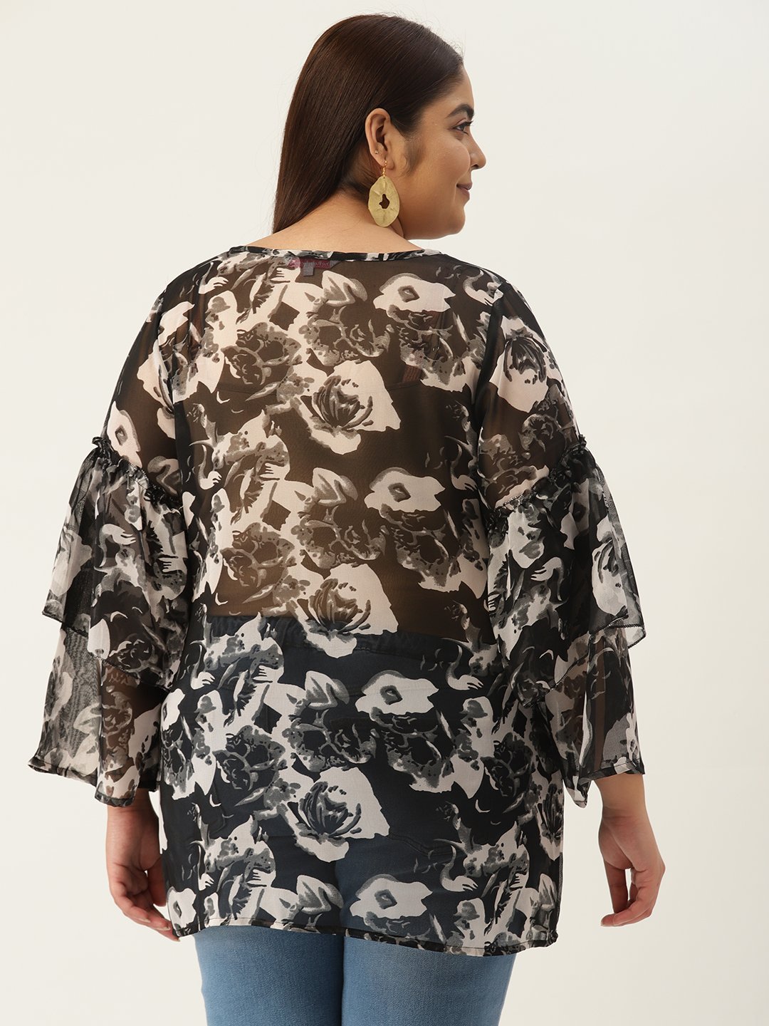 Women's Plus Size Black Rose Floral Printed Bell Sleeves Georgette Longline Top