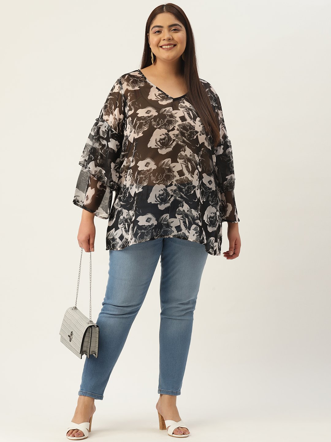 Women's Plus Size Black Rose Floral Printed Bell Sleeves Georgette Longline Top