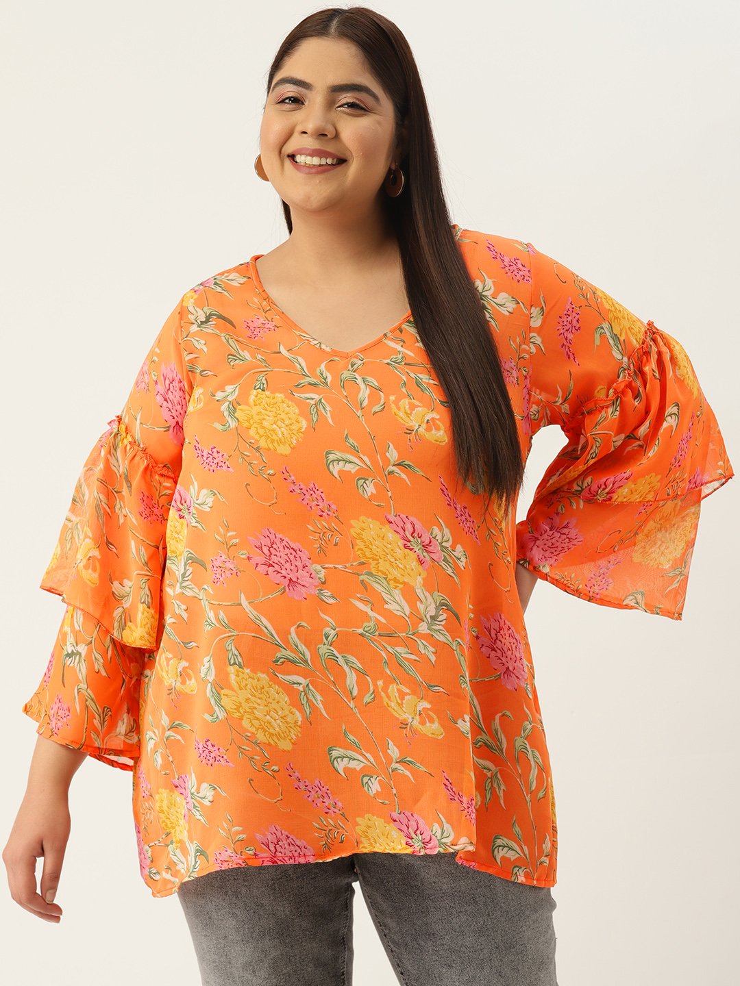 Women's Plus Size Orange Floral Printed Bell Sleeves Georgette Longline Top
