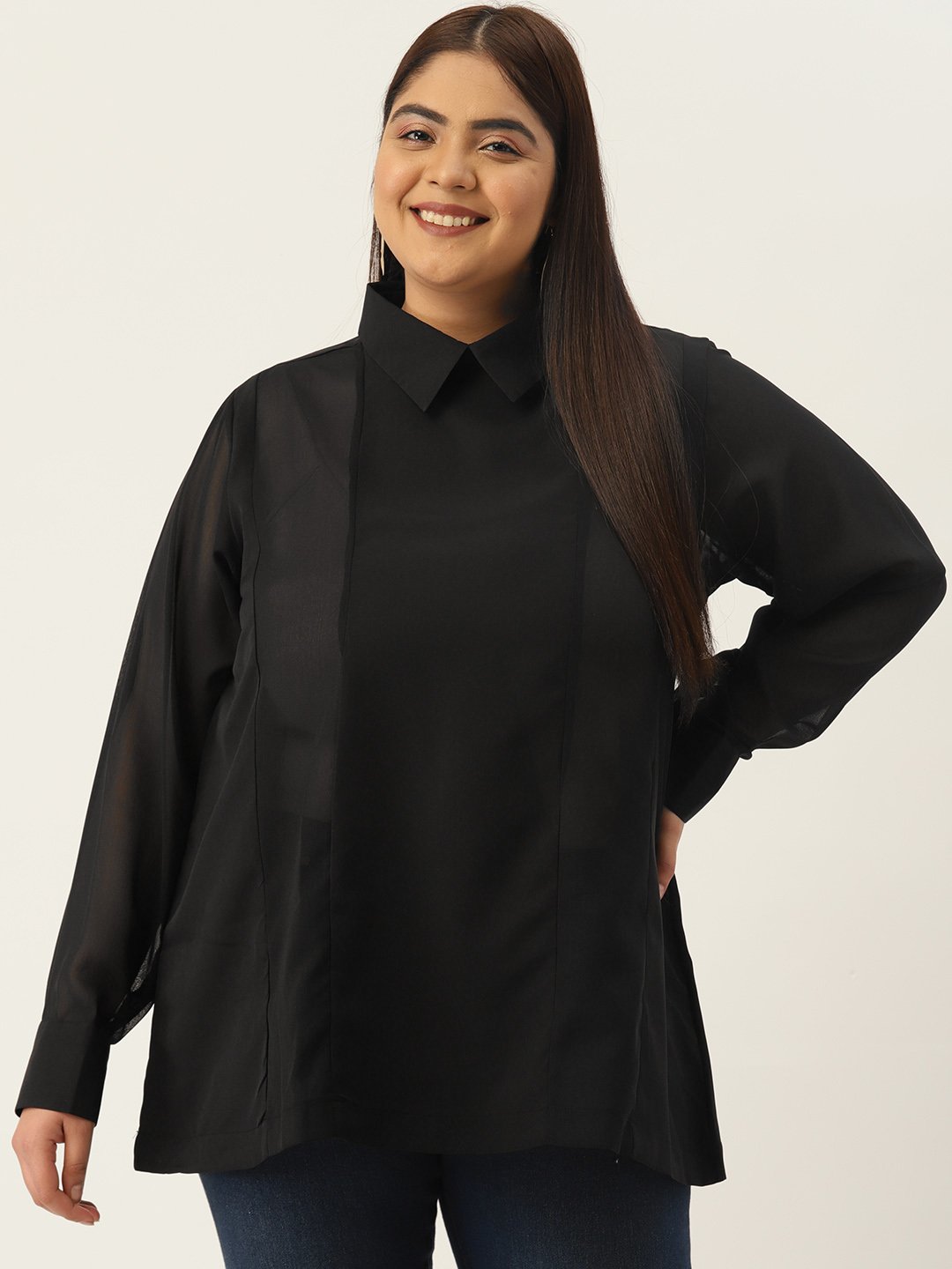 Women's Plus Size Black Solid Color Georgette Shirt Collar Longline Top