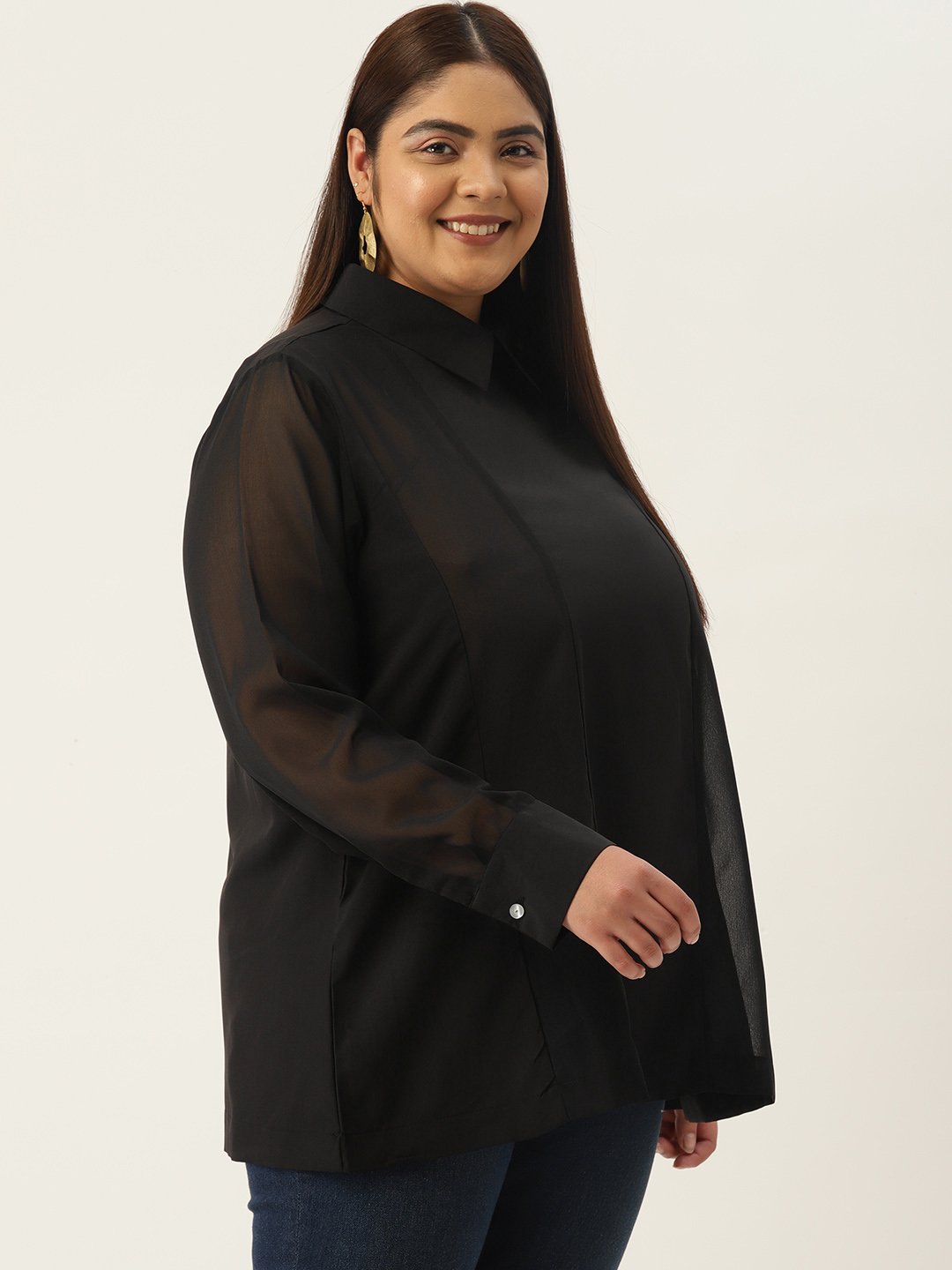 Women's Plus Size Black Solid Color Georgette Shirt Collar Longline Top