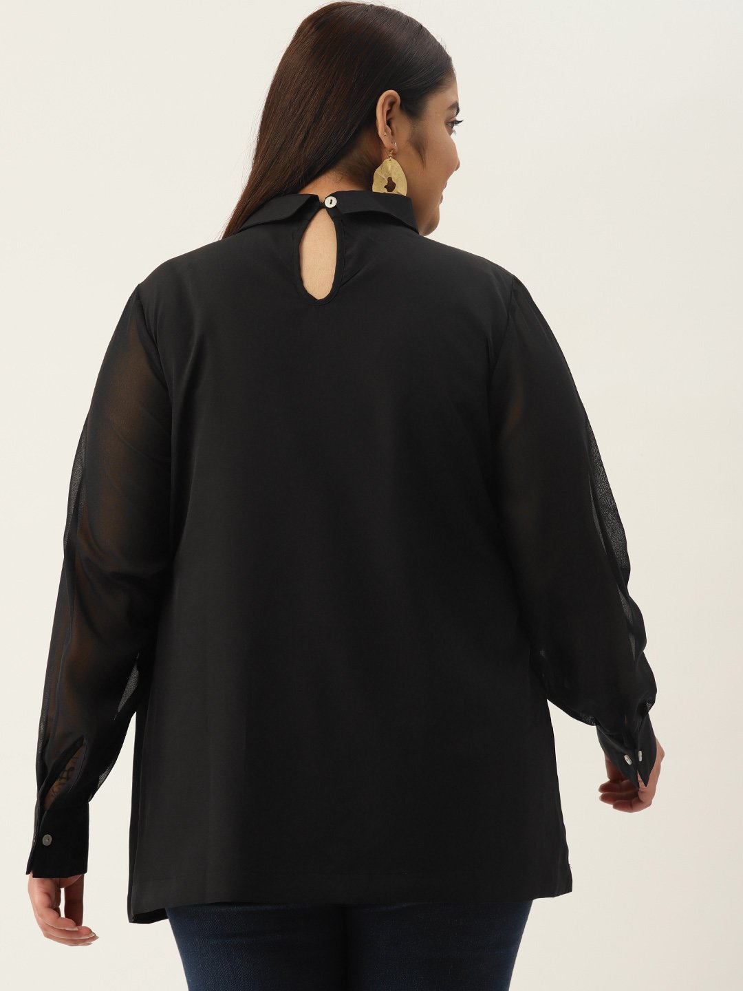 Women's Plus Size Black Solid Color Georgette Shirt Collar Longline Top