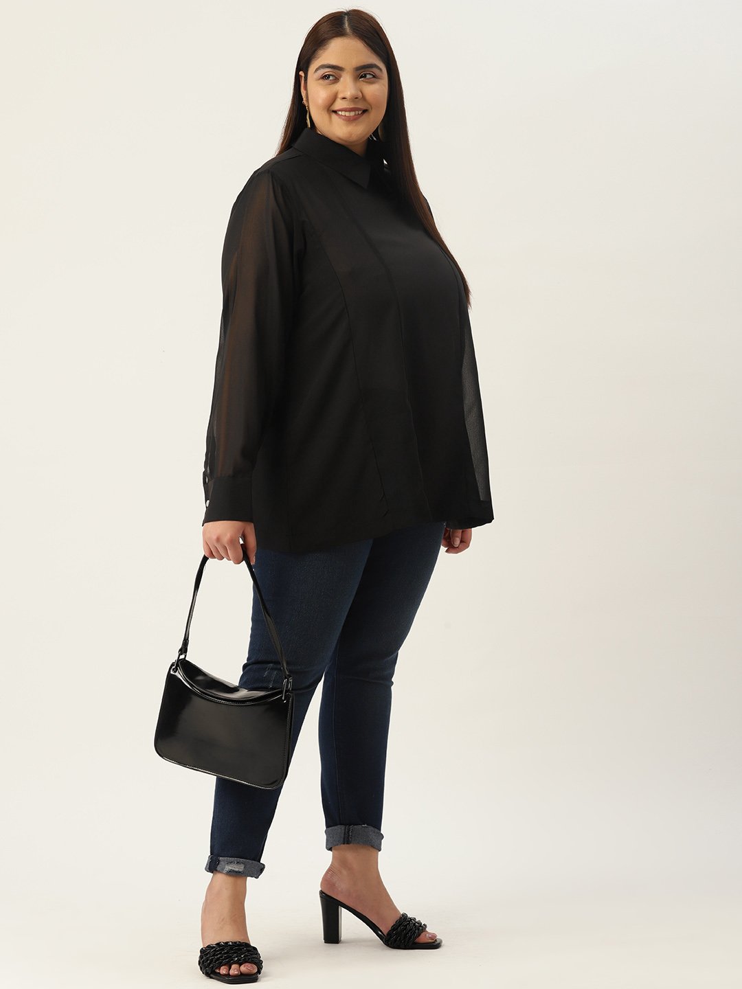 Women's Plus Size Black Solid Color Georgette Shirt Collar Longline Top