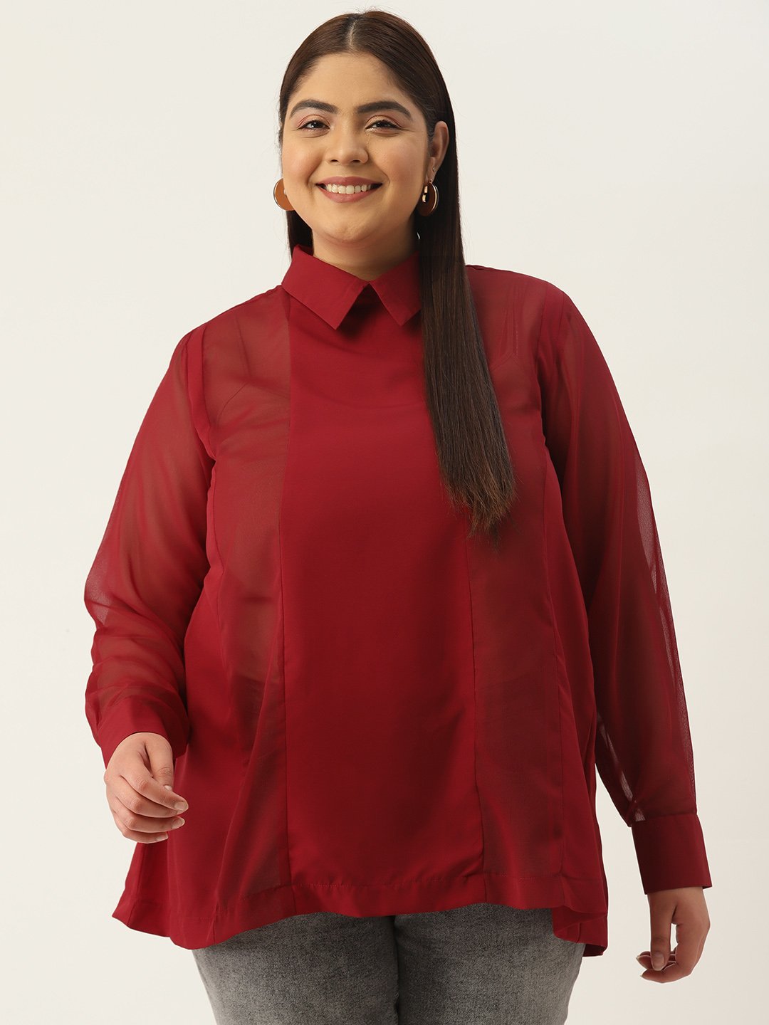Women's Plus Size Maroon Solid Color Georgette Shirt Collar Longline Top