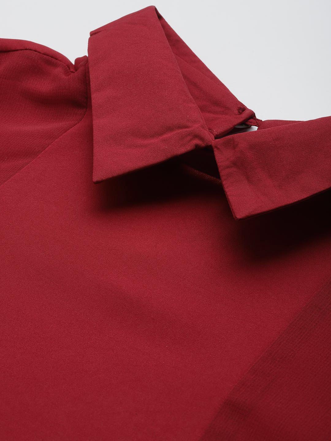 Women's Plus Size Maroon Solid Color Georgette Shirt Collar Longline Top