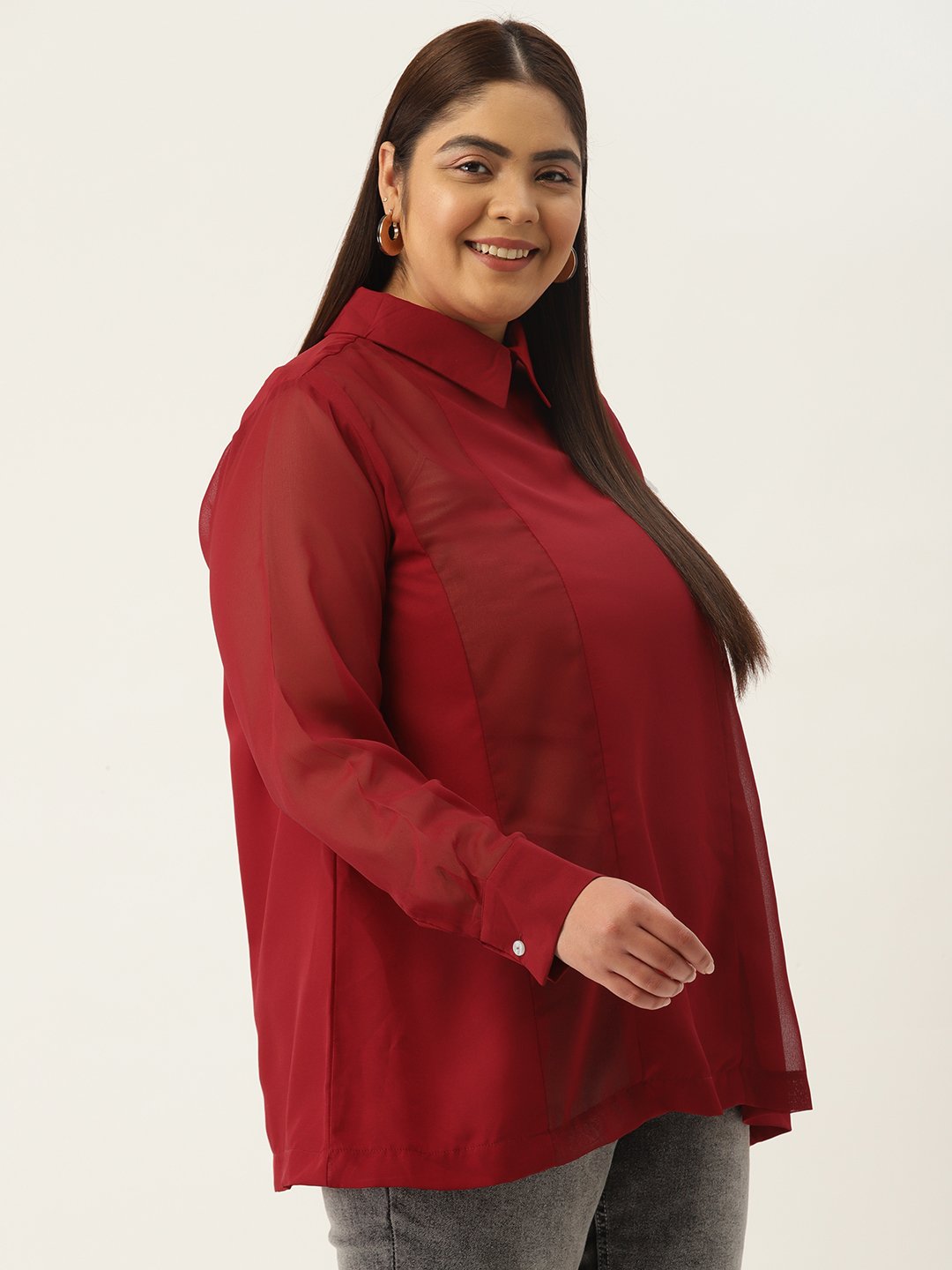 Women's Plus Size Maroon Solid Color Georgette Shirt Collar Longline Top