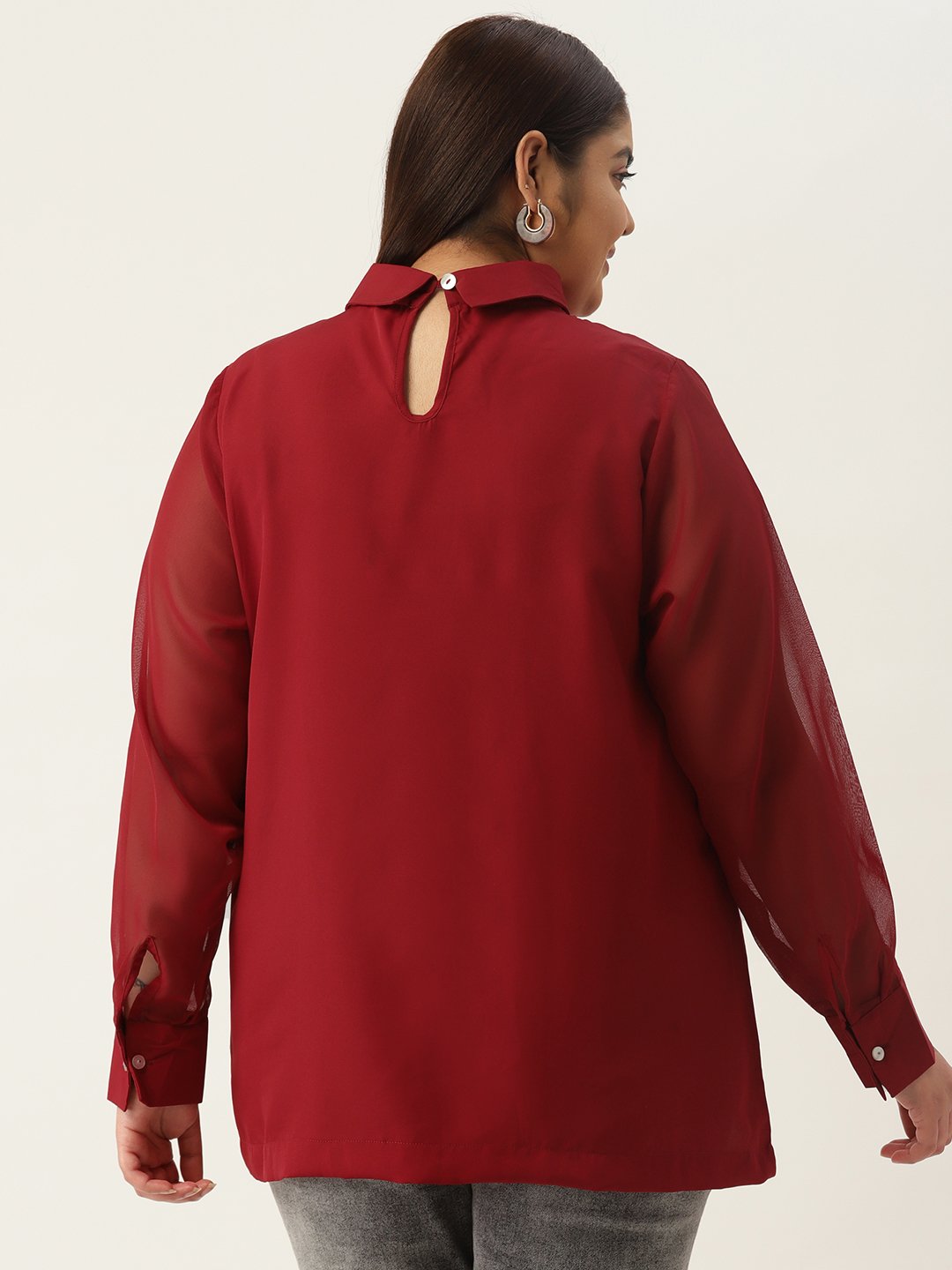 Women's Plus Size Maroon Solid Color Georgette Shirt Collar Longline Top