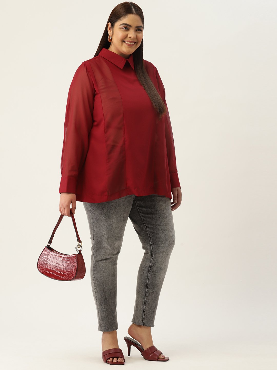 Women's Plus Size Maroon Solid Color Georgette Shirt Collar Longline Top