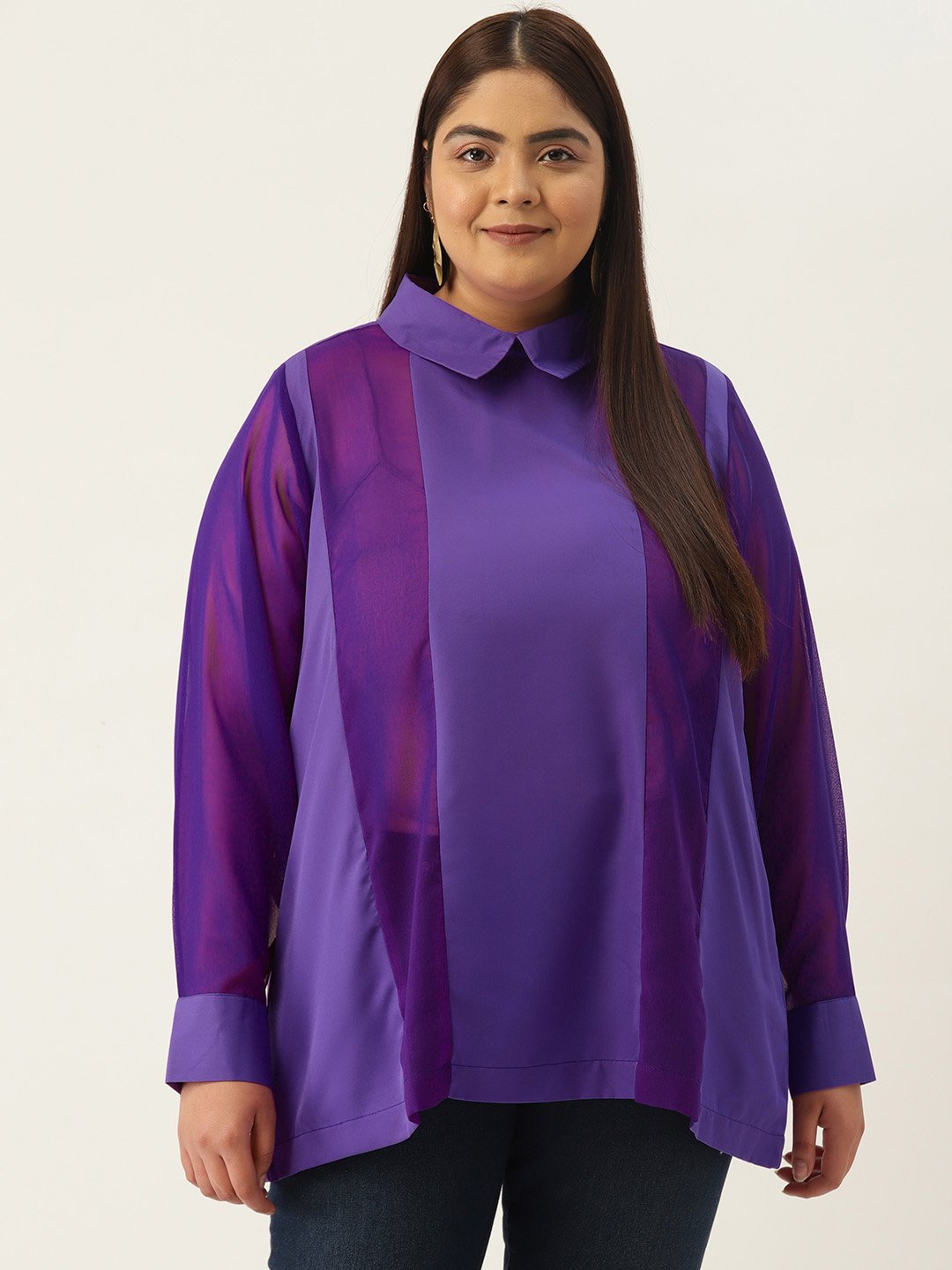 Women's Plus Size Purple Solid Color Georgette Shirt Collar Longline Top