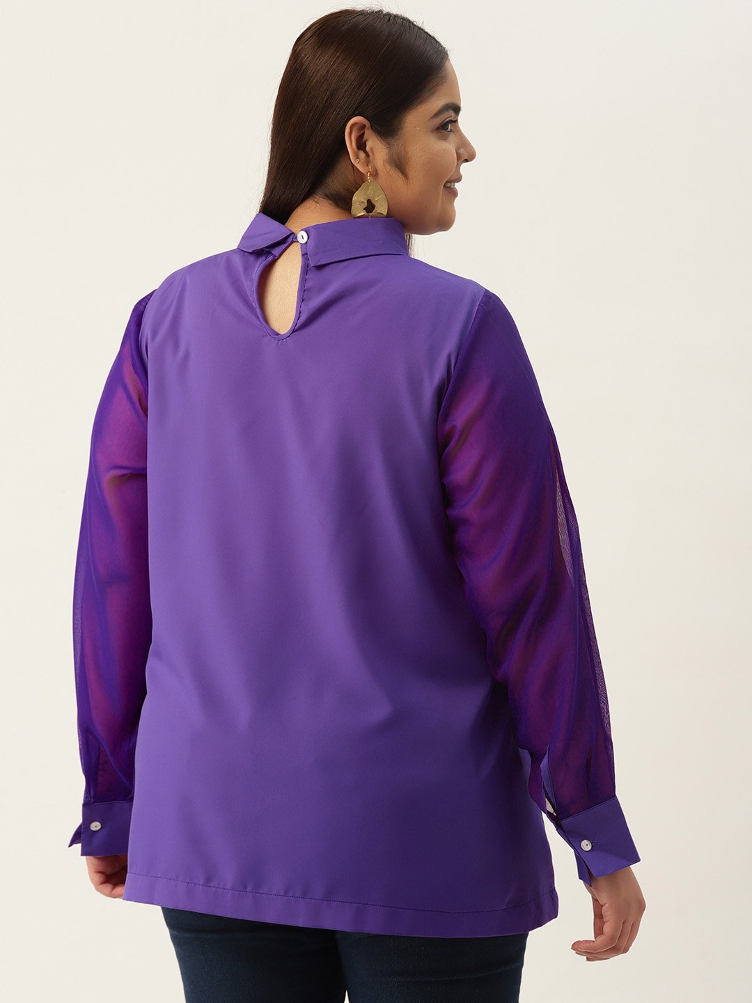 Women's Plus Size Purple Solid Color Georgette Shirt Collar Longline Top