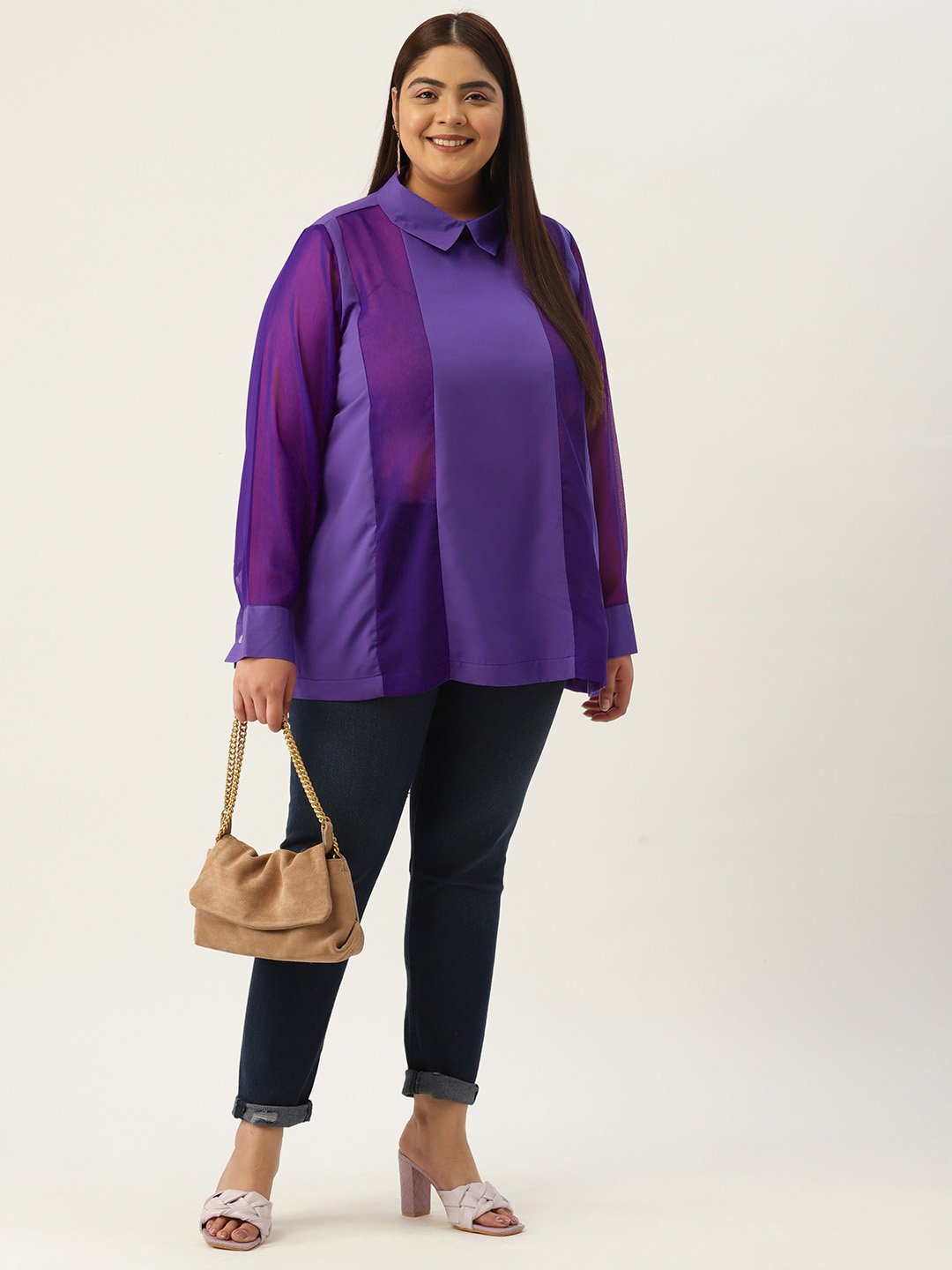 Women's Plus Size Purple Solid Color Georgette Shirt Collar Longline Top