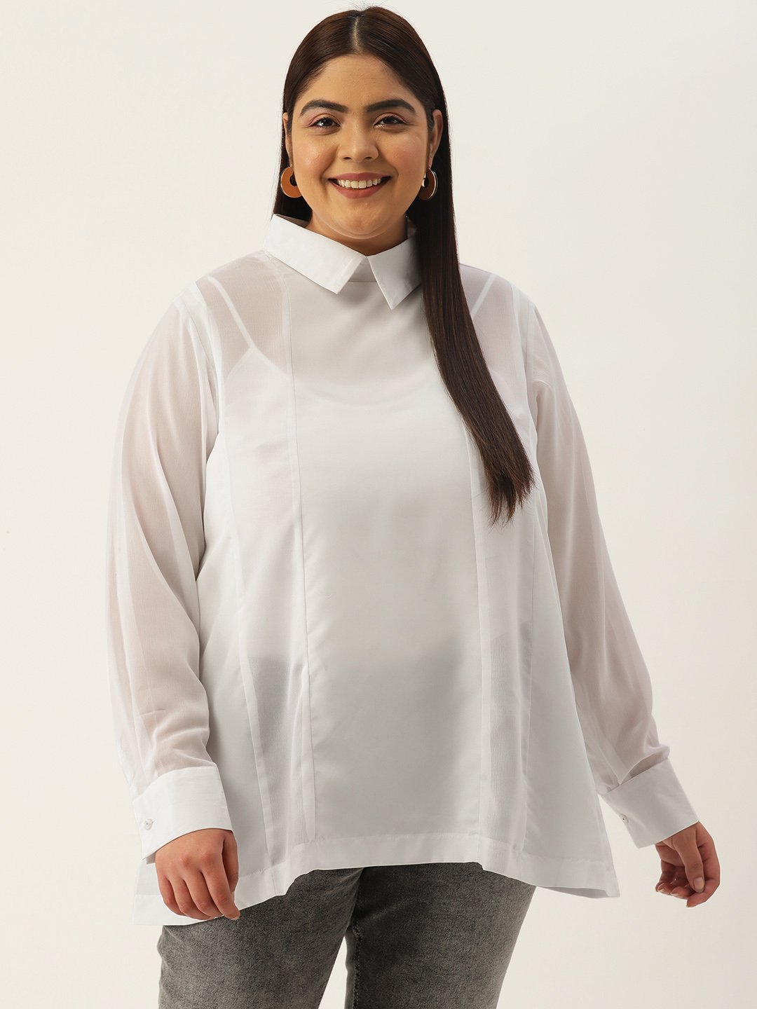 Women's Plus Size White Solid Color Georgette Shirt Collar Longline Top