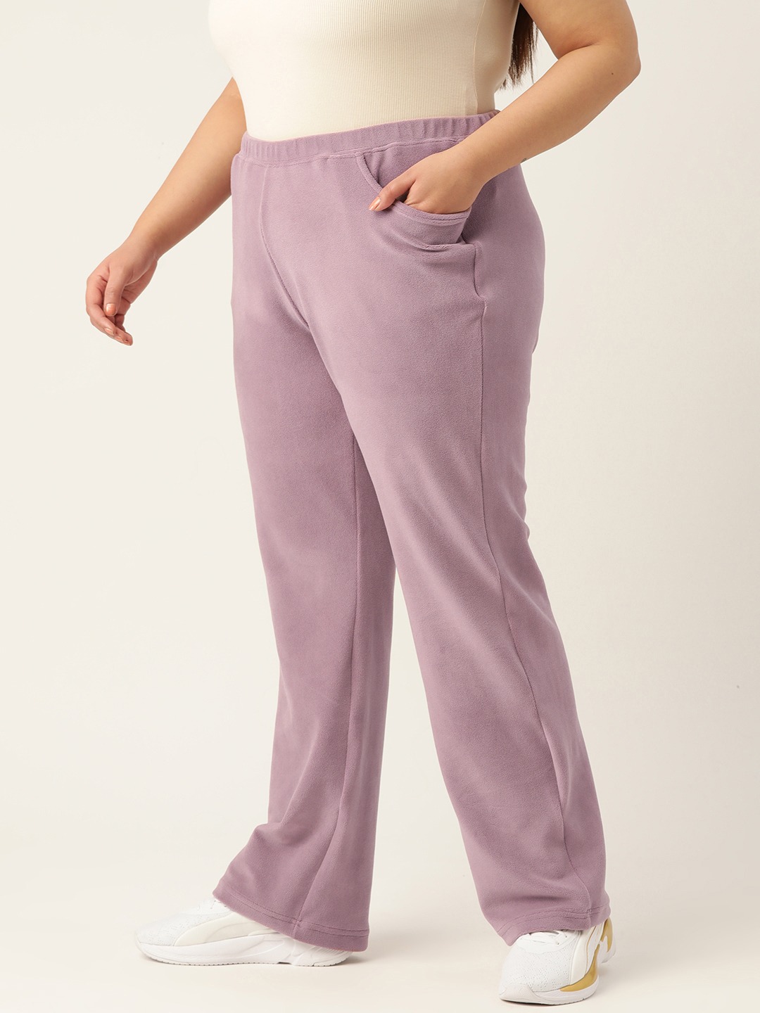 Women's Plus Size Lilac Solid Color High-Rise Winter Trouser