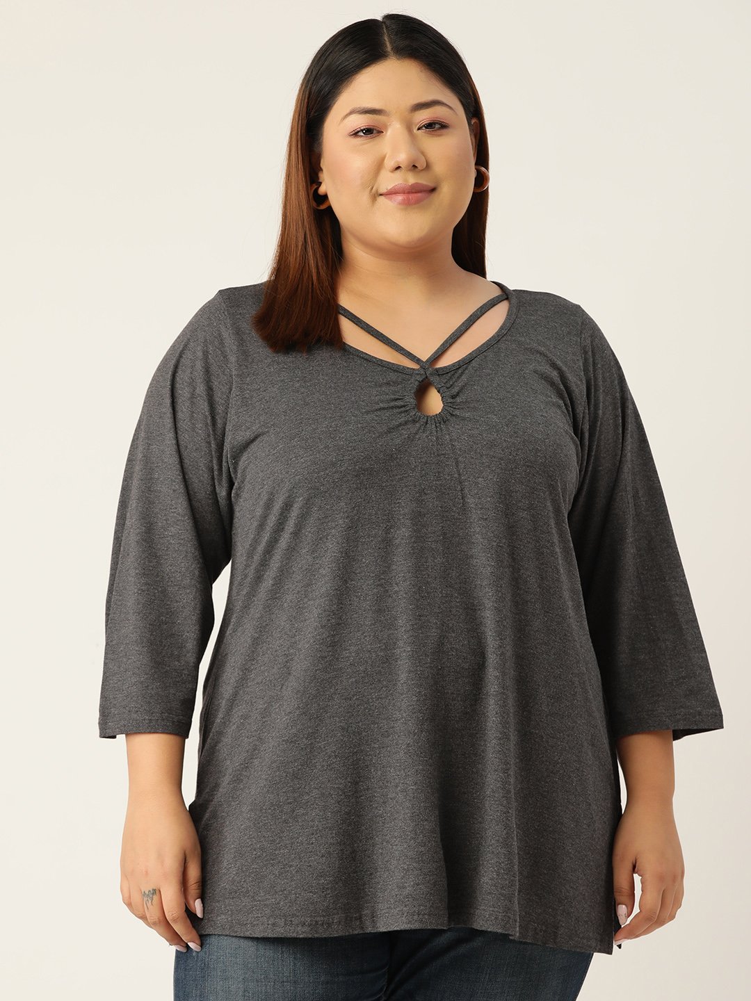 Women's Plus SizeCharcoal Grey Solid Color Keyhole Neck knitted top