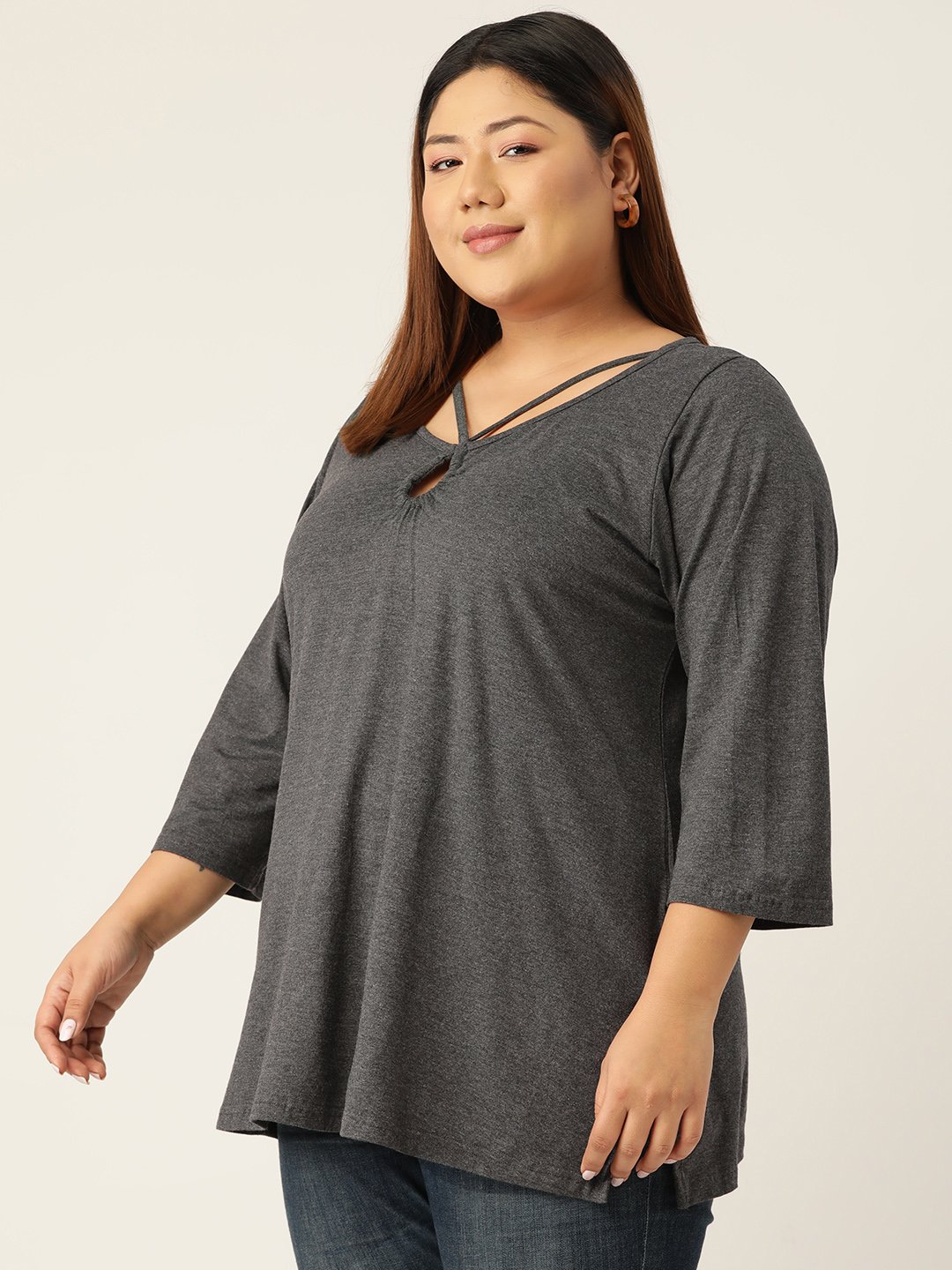 Women's Plus SizeCharcoal Grey Solid Color Keyhole Neck knitted top