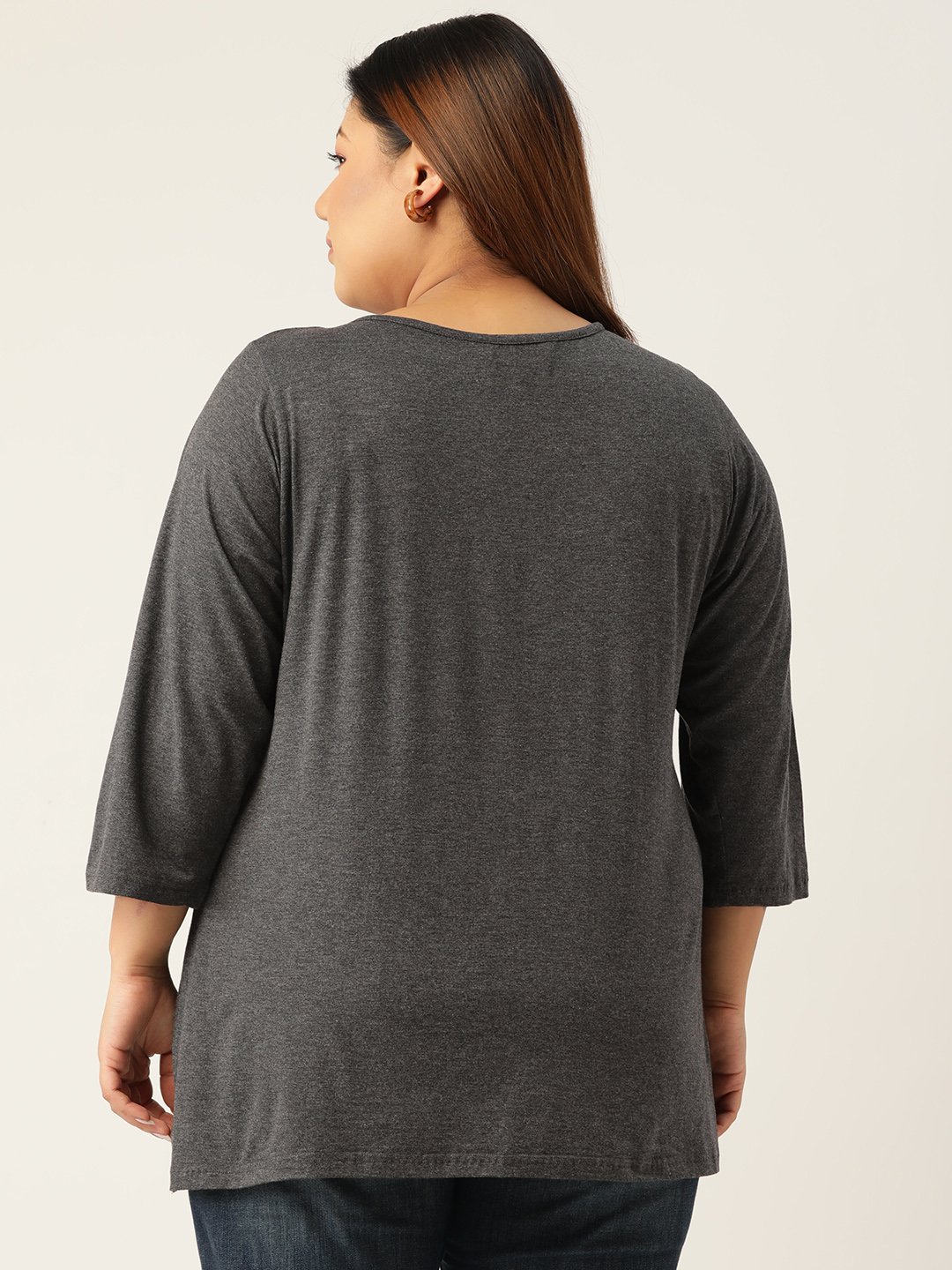 Women's Plus SizeCharcoal Grey Solid Color Keyhole Neck knitted top