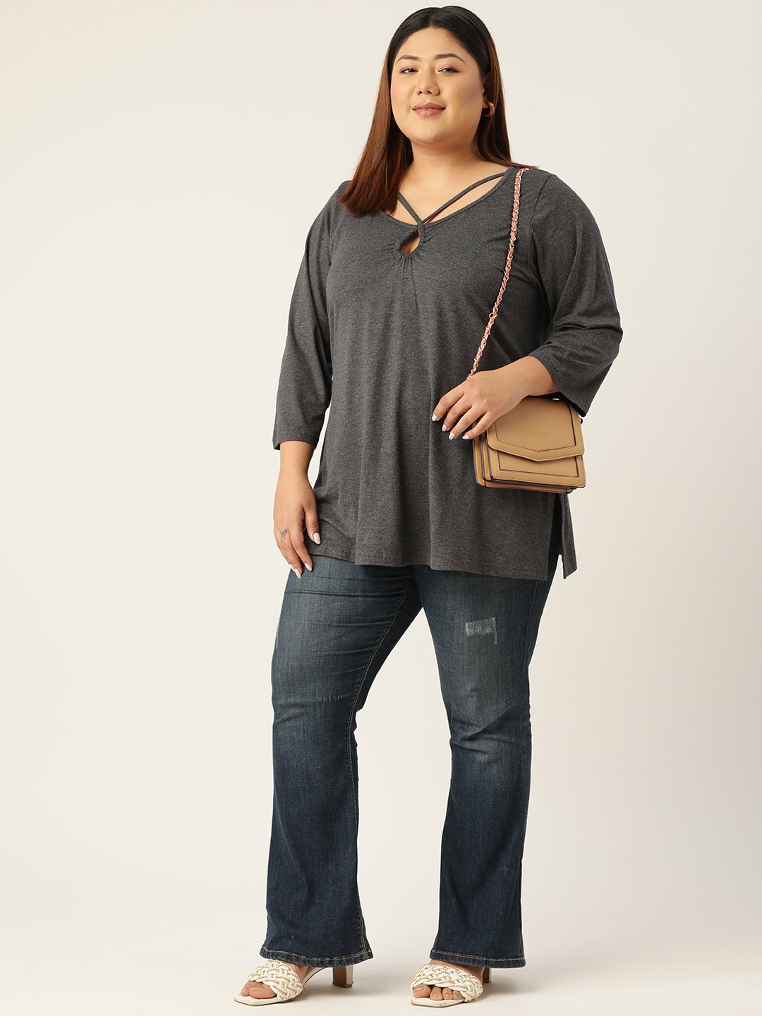 Women's Plus SizeCharcoal Grey Solid Color Keyhole Neck knitted top