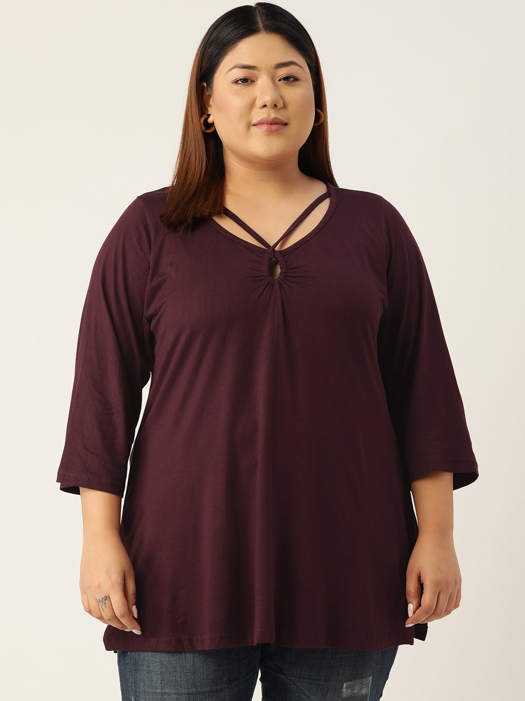 Women's Plus SizePurple Solid Color Keyhole Neck knitted top