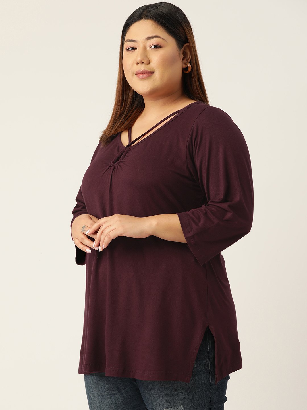 Women's Plus SizePurple Solid Color Keyhole Neck knitted top