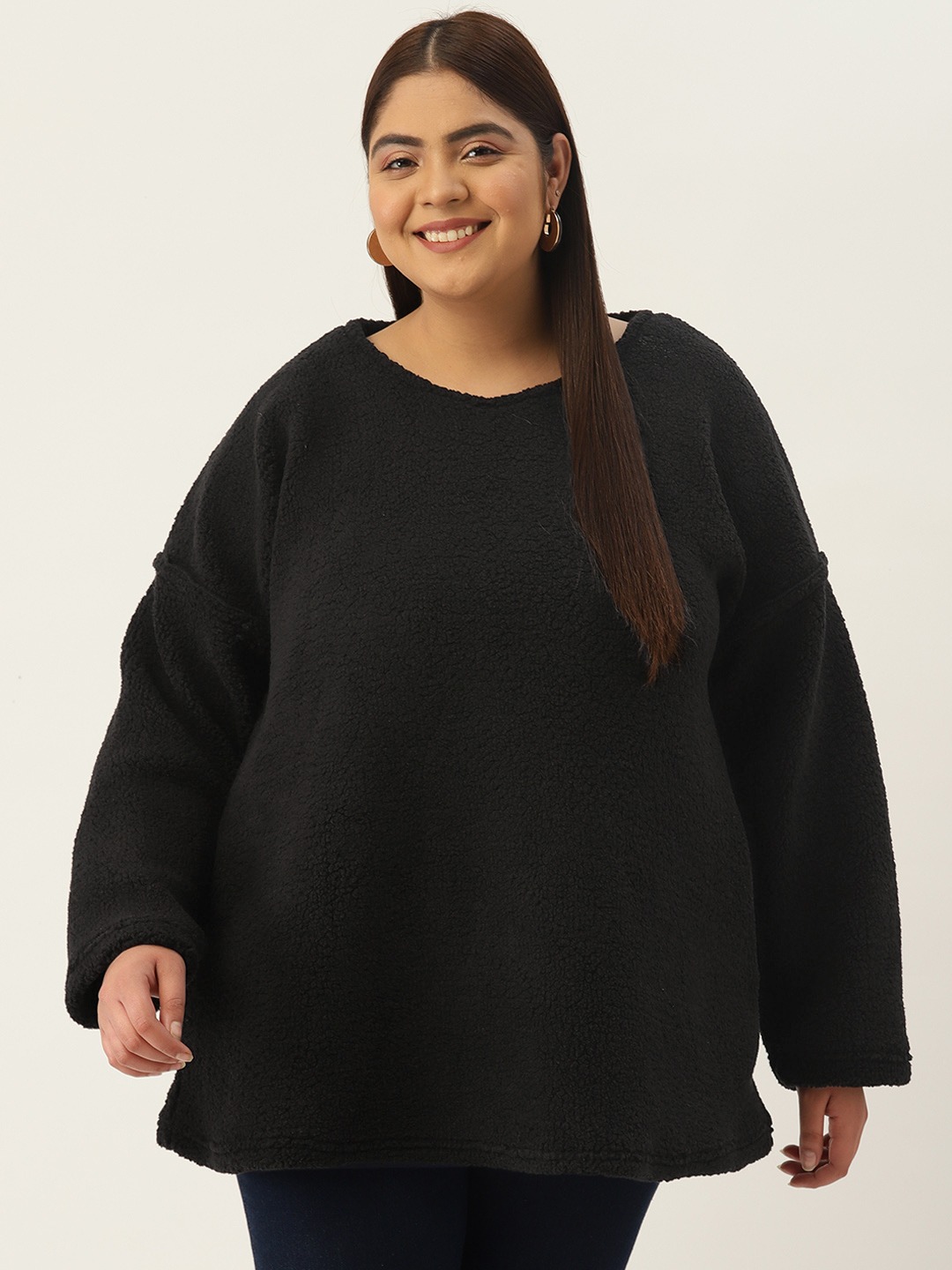 Women's Plus Size Black Solid Color Fur Winter Sweatshirt